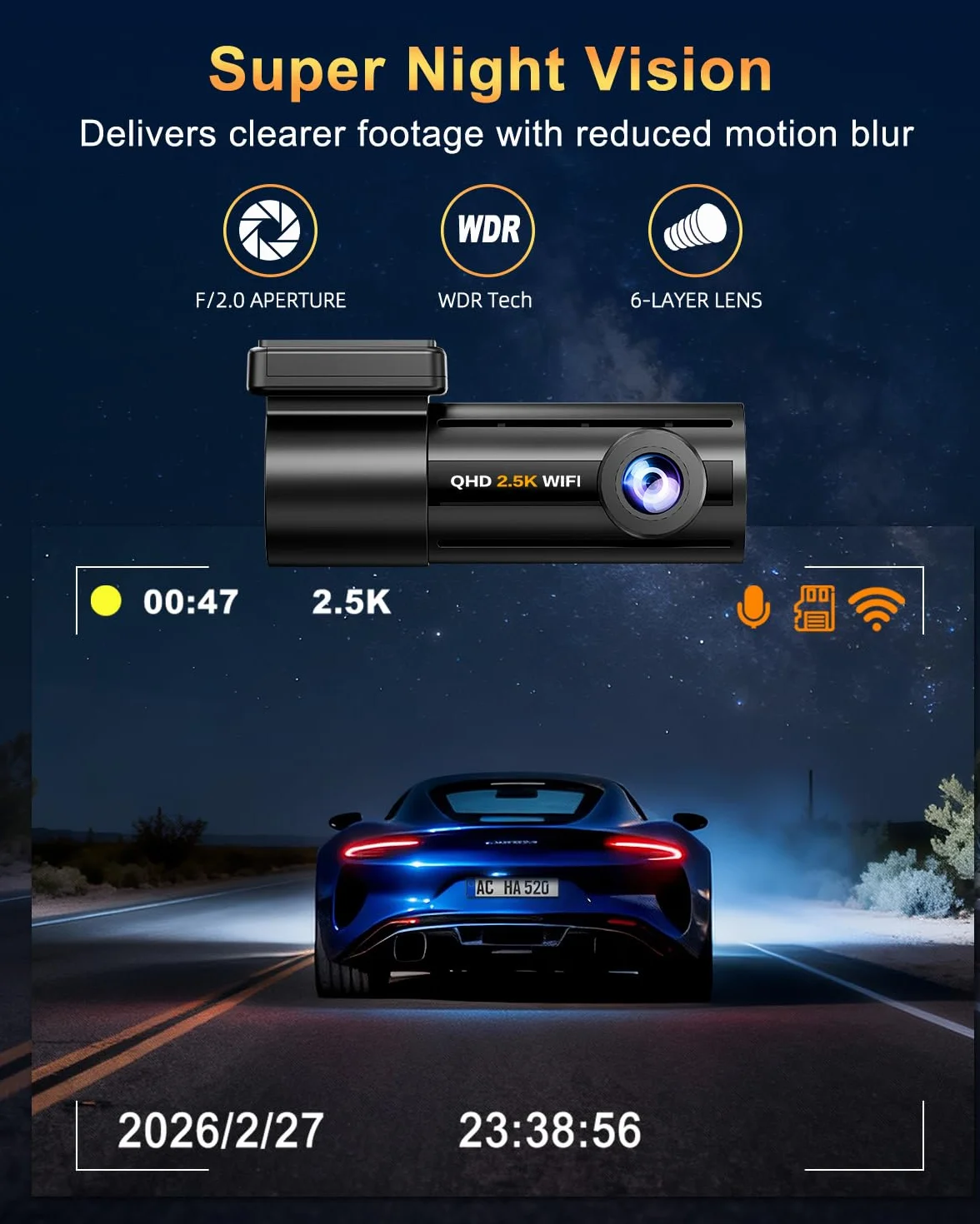 Rejestrator jazdy samochodowy 2,5K QHD WiFi ekran 1,47" szeroki kąt 170° nocna wizja WDR czujnik G nagrywanie cykliczne monitoring parkowania