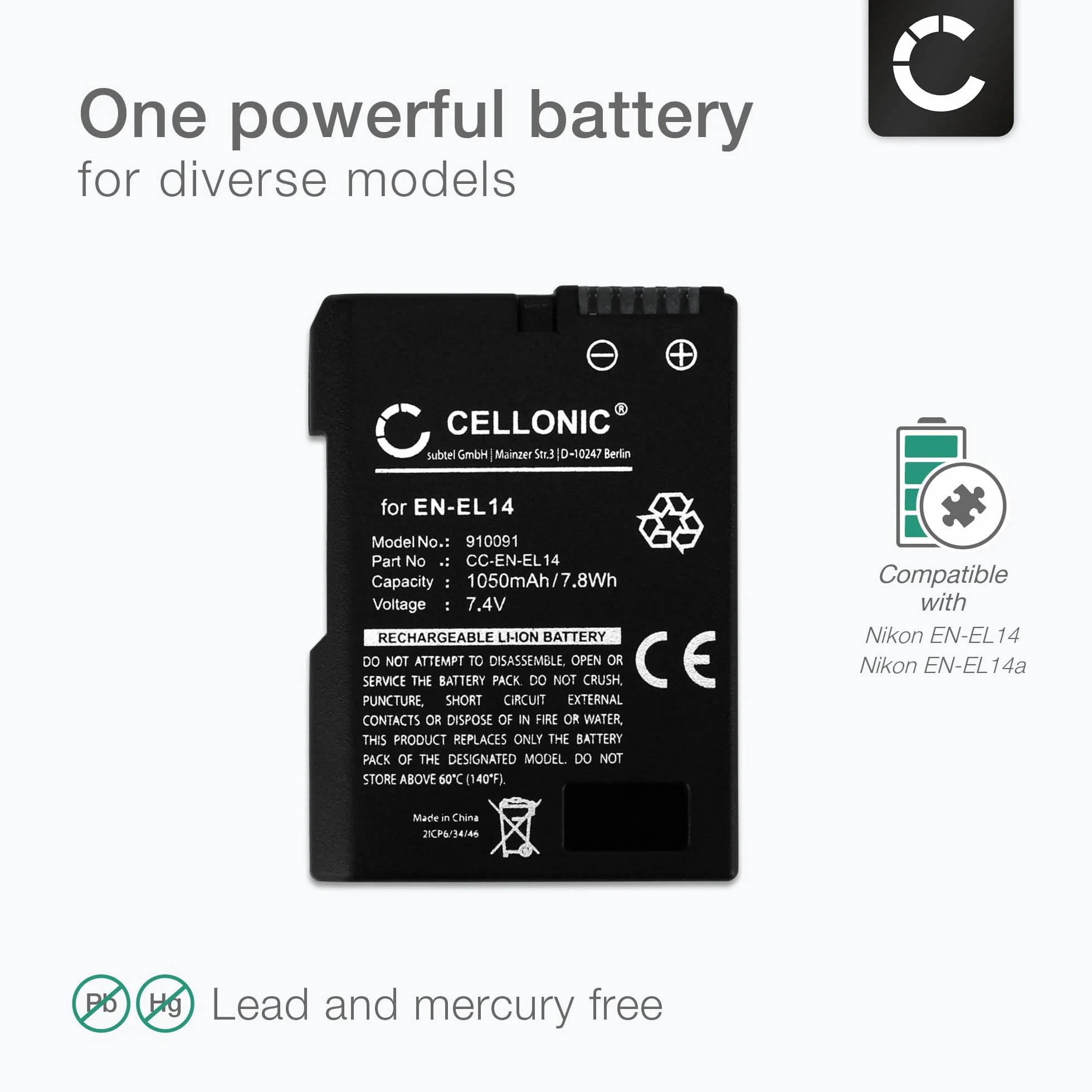 CELLONIC® Akumulator kompatybilny z Nikon D5600 D5500 D5300 D5200 D5100 D3500 D3400 D3300 D3200 D3100 Df CoolPix P7800 P7700 P7000, 1050mAh EN-EL14 EN-EL14a akumulator zapasowy bateria