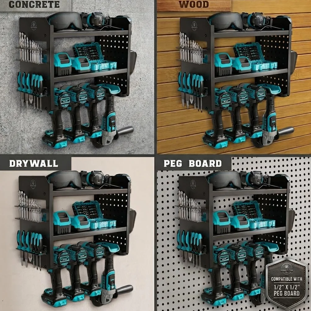 BUILTSTRONG Power Tool Organizer Wall Mount - 3-Tier Heavy-Duty Metal Hand Tool Storage Rack, Utility Racks, Drill Holder, PegBoard Side, & More - Garage Storage Cordless Tool Organizer (Black)