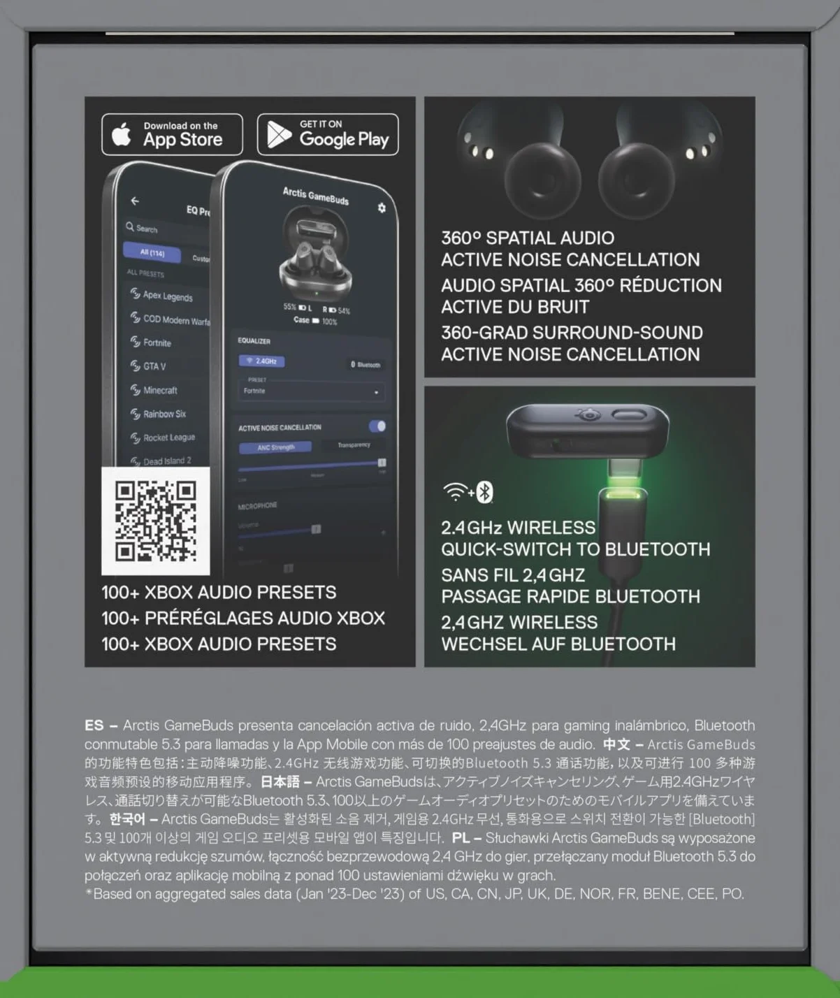 SteelSeries Arctis GameBuds Xbox Bezprzewodowe Słuchawki Douszne do Gier, 2,4 GHz + BT 5.3, ANC, Bateria 40 Godz., Ładowanie Bezprzewodowe, PS5, PC, Switch, Smartphone