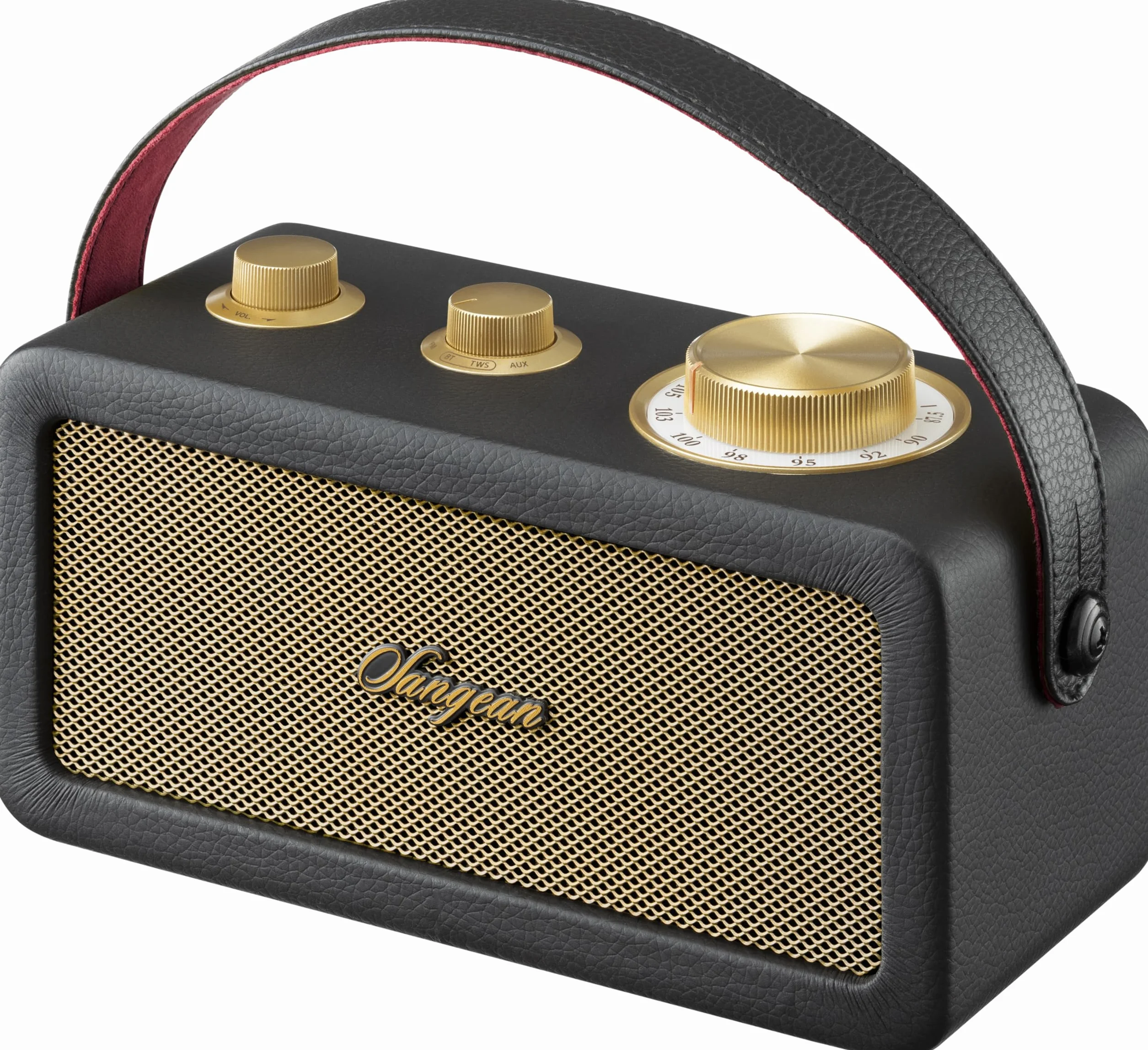 Sangean RA-101 Black Gold. Retro wzór drewna i skóry syntetycznej. Bluetooth 5.0. Autonomia 19 Godziny z pełnym obciążeniem. AUX-in dla zewnętrznych źródeł audio.
