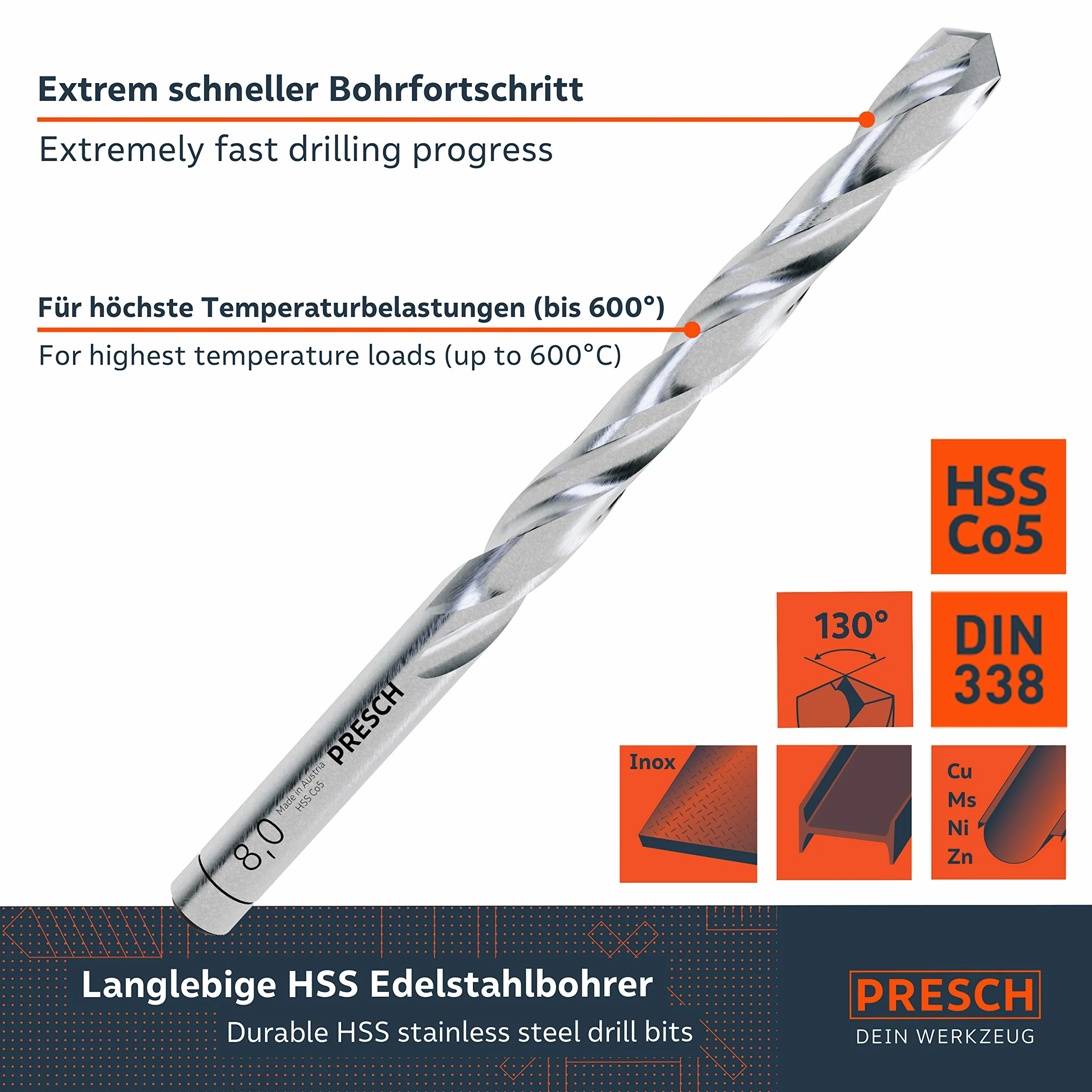 Presch Zestaw wierteł do metalu HSS Kobaltowych 19 szt. - Zestaw hartowanych wierteł samocentrujących do stali nierdzewnej - Wiertła HSS do metalu, stali, żelaza - Wiertła Pro HSS Stal - Ø 1-10 mm
