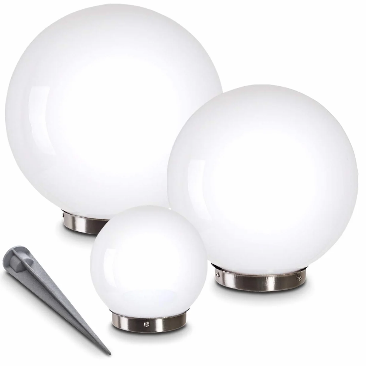 Lampa solarna Nassau, zestaw 3 lamp kulistych, lampy kuliste z białego tworzywa sztucznego, Ø 15, 20 i 25 cm, szpikulec uziemiający, włącznik/wyłącznik, wyłącznik zmierzchowy lamp solarnych
