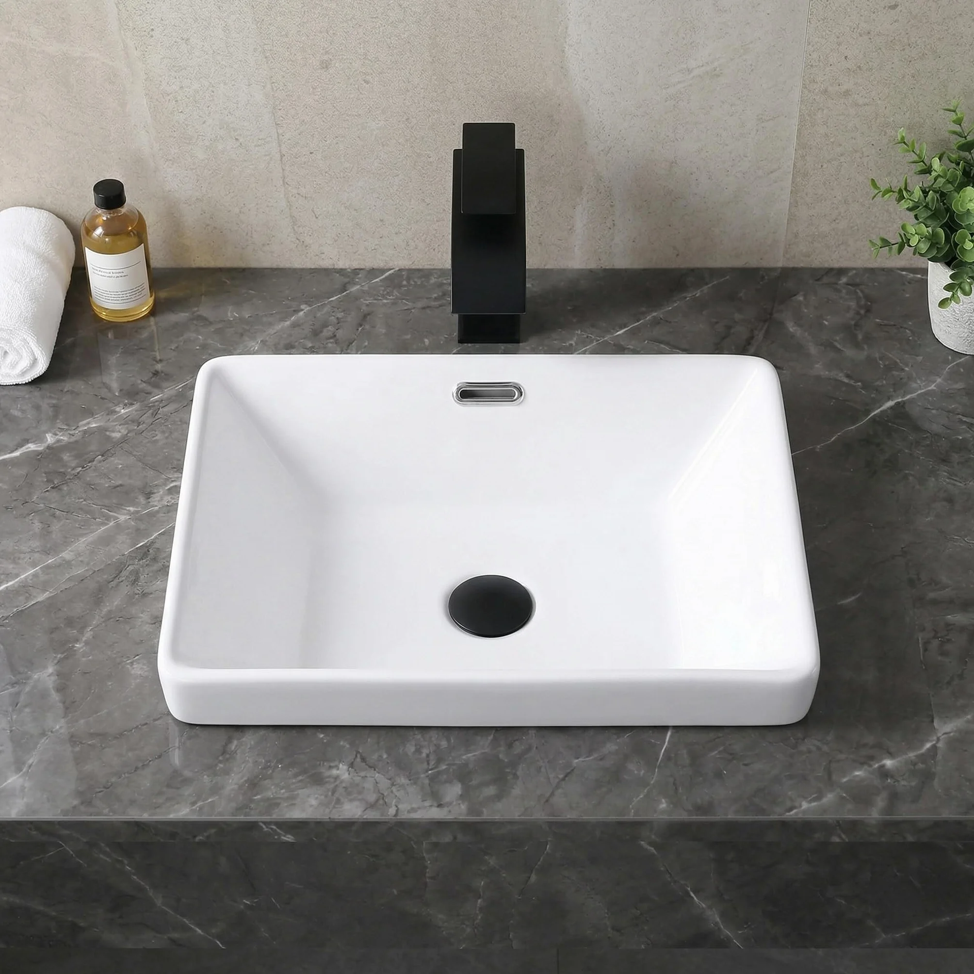 Prostokątna umywalka łazienkowa 51 cm x 36 cm, biała porcelanowa ceramiczna umywalka umywalkowa z przelewem, częściowo wpuszczana nad blatem do łazienki, toaletki, toalety