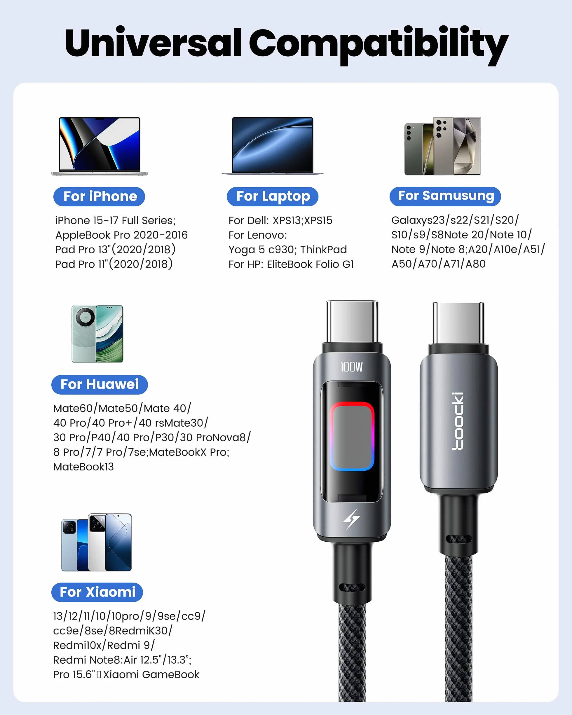 Toocki Kabel USB-C PD 100W 2M RGB 480Mbps