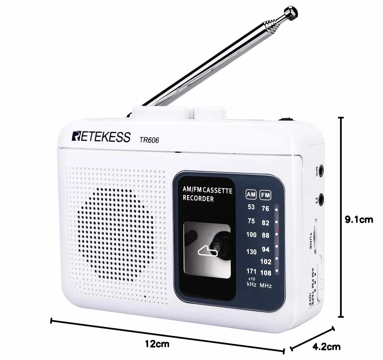 Retekess TR606 Przenośny Odtwarzacz Kaset Magnetofon Radio FM AM Gniazdo Słuchawkowe 3,5 mm Szybkie Przewijanie Biały