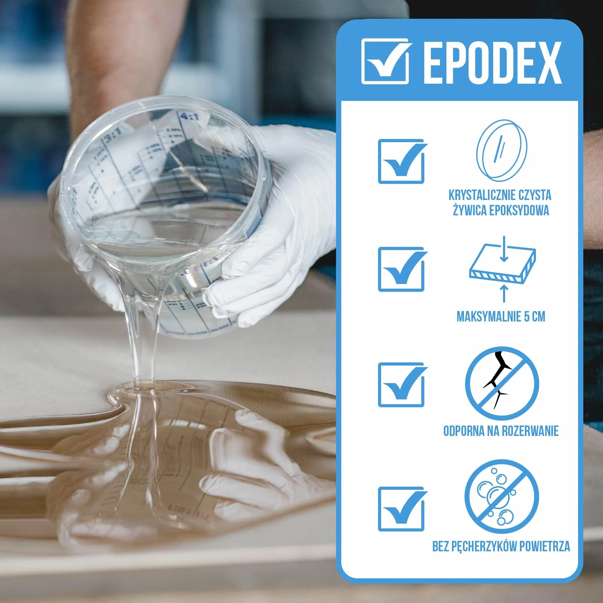 EPODEX Zestaw Żywicy Epoksydowej ECO+ | Przezroczysta do zalewów do 5cm | Z pigmentami lub bez | Do stołów typu river table, lamp, wysokich odlewów i innych projektów | 2-składnikowa żywica