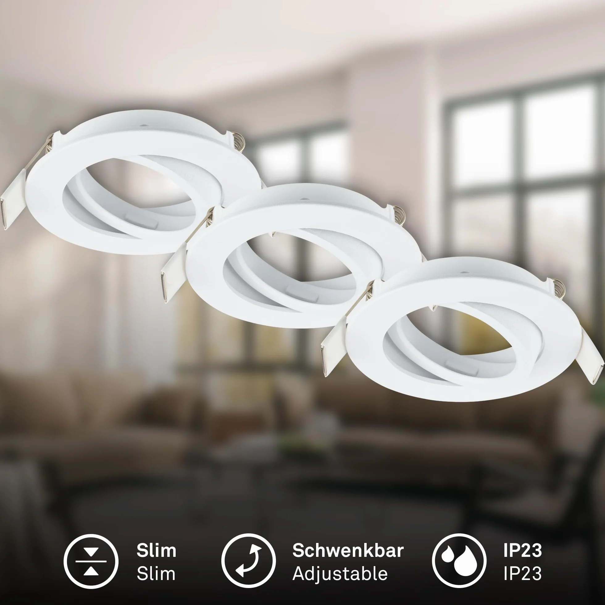 BRILONER - Zestaw 3 reflektorów wpuszczanych 230V płaskich, obrotowych, GU10, max. 7W, reflektory sufitowe, reflektory 230V, wpuszczane, sufitowe, otwór 68mm, 8x2,2 cm, biały