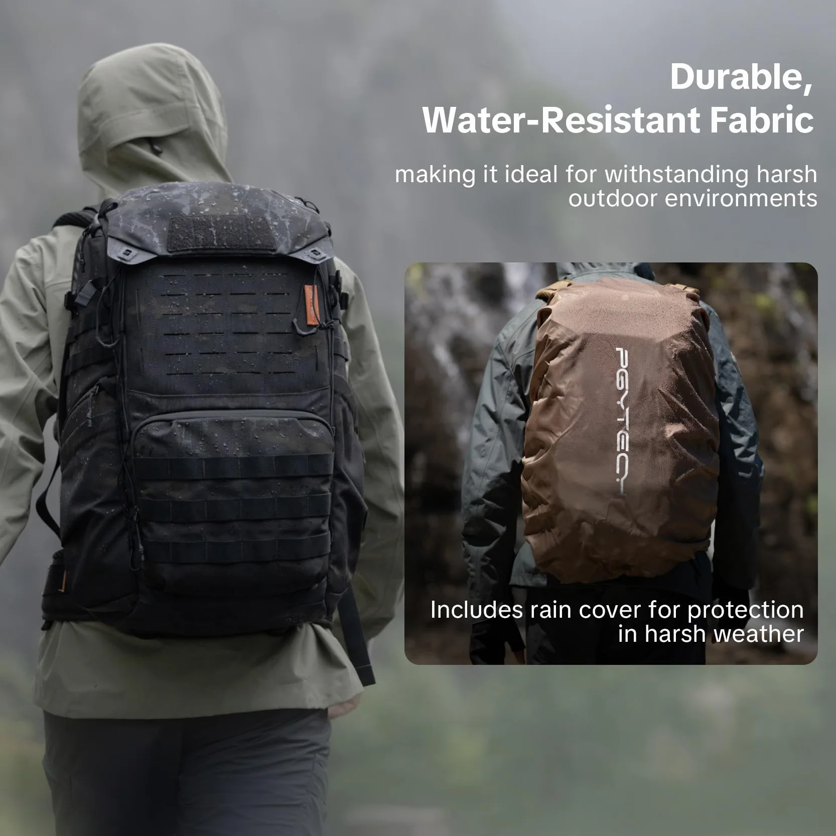 PGYTECH OneMo TAC Plecak na zdjęcia taktyczny 25 l/35 l Wodoodporny plecak na aparat DSLR/SLR/Lustrzanki lustrzane, z kieszenią na laptopa 15,6", pokrowiec na deszcz, uchwyt na pod, czarny/brązowy