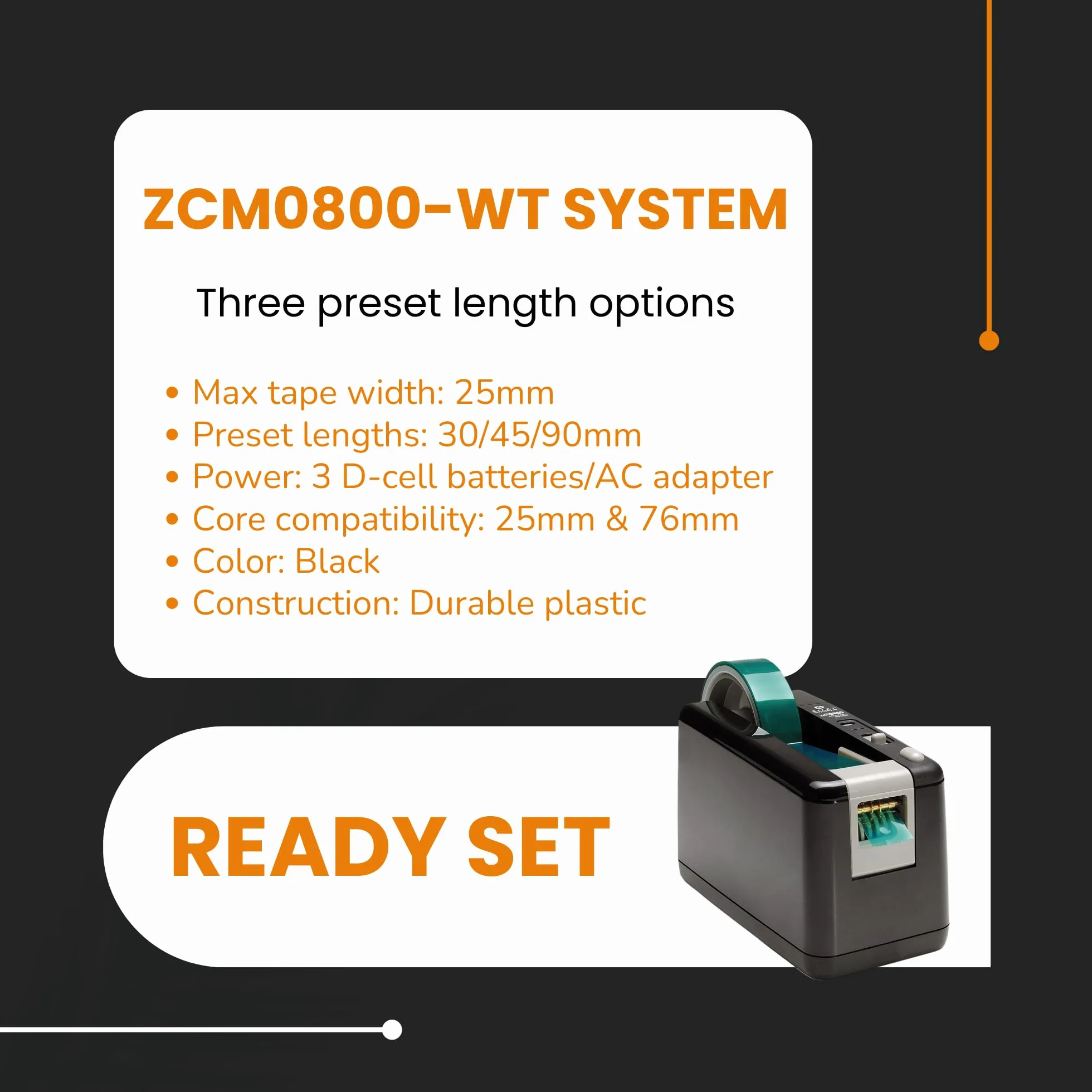 ZCM0800-WT-EU elektryczny dozownik taśmy na baterie, maks. szerokość taśmy 25 mm, 3 wstępnie ustawione długości cięcia, czarny