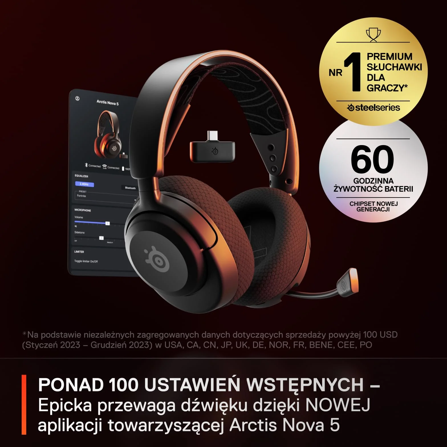 SteelSeries Arctis Nova 5 -słuchawki wi-fi do gier– neodymowe przetworniki magnetyczne– Ponad 100 ustawień wstępnych dźwięku– 60 godz baterii– 2,4 GHz lub BT– Mik.ClearCast Gen2– PC,PS5,Switch,telefon