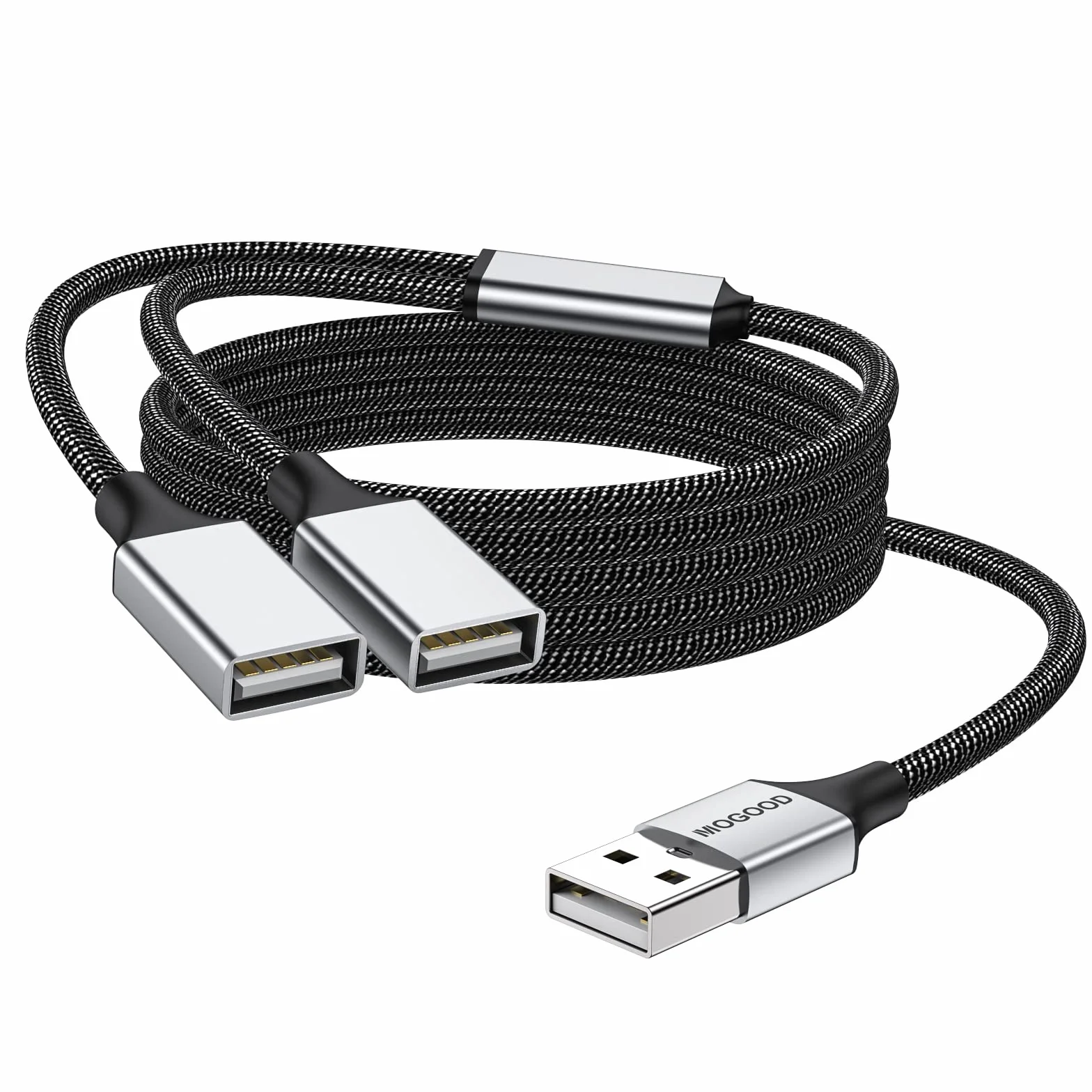 MOGOOD Rozdzielacz USB, adapter 1 w 2 wyjścia, podwójny USB 2.0, przedłużacz kabla zasilającego, transfer danych, kompatybilny z laptopem/Mac