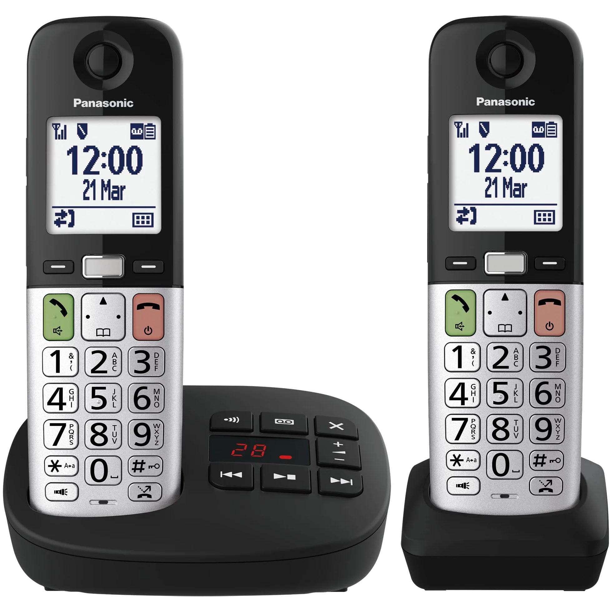 Panasonic KX-TGU432EXB Bezprzewodowy cyfrowy telefon z automatyczną sekretarką, wzmocnioną głośnością, jednostką podstawową i 2 słuchawkami, wyświetlaczem LCD, latarką, kompatybilną ze słuchawkami,
