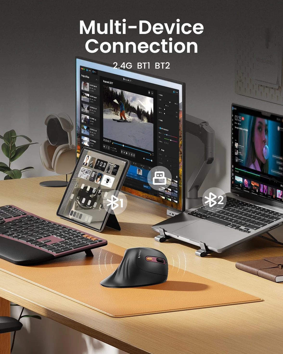 ProtoArc EM11 Ergonomiczna mysz pionowa bezprzewodowa ładowalna 3 urządzenia Bluetooth USB czarno-czerwona