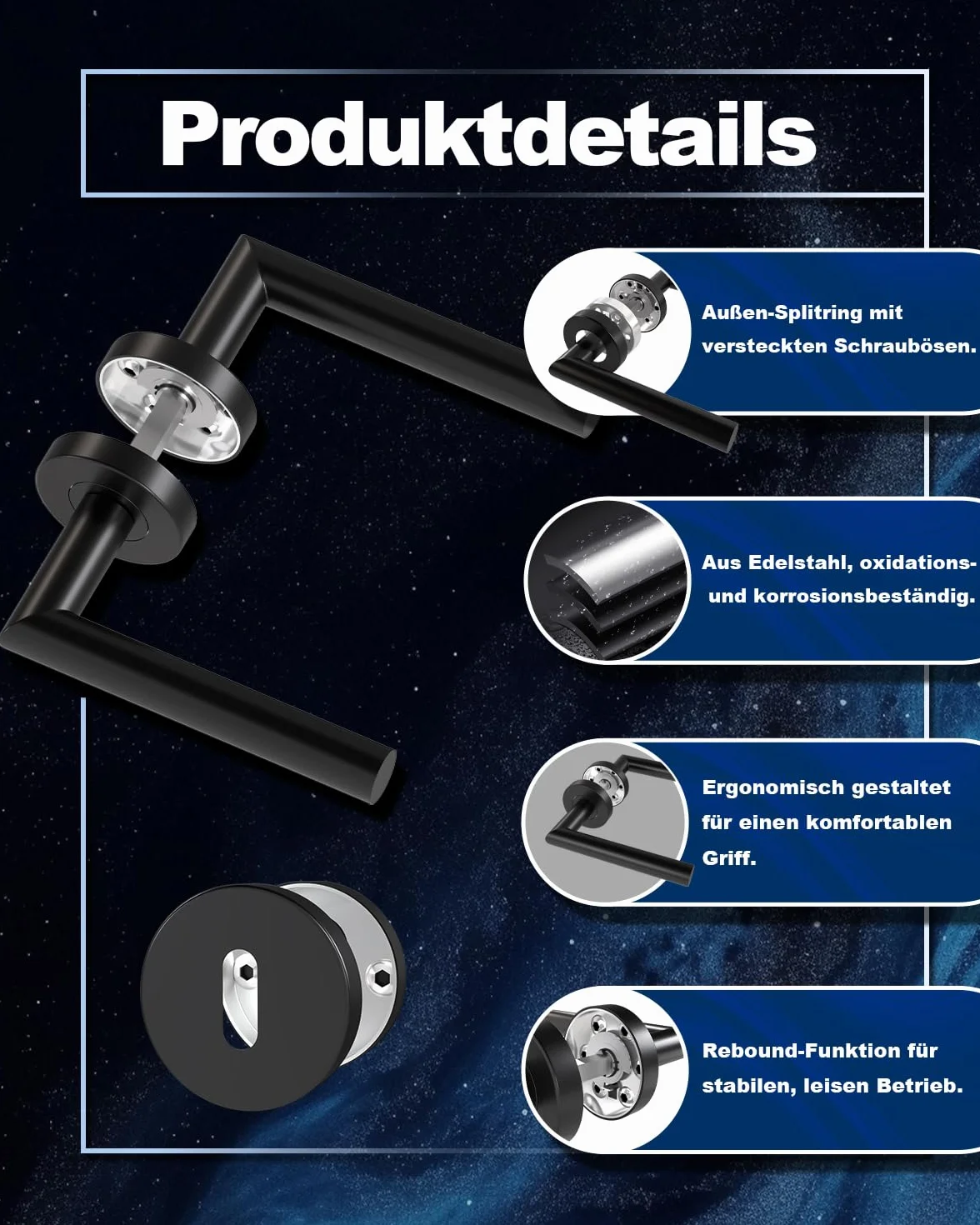 DIYGEEK Klamki do drzwi wewnętrznych, klamka czarna malowana proszkowo do klamek drzwi pokojowych, zestaw klamek ze stali nierdzewnej z rozetą Ø 52 mm BB-Buntbart, kształt litery L