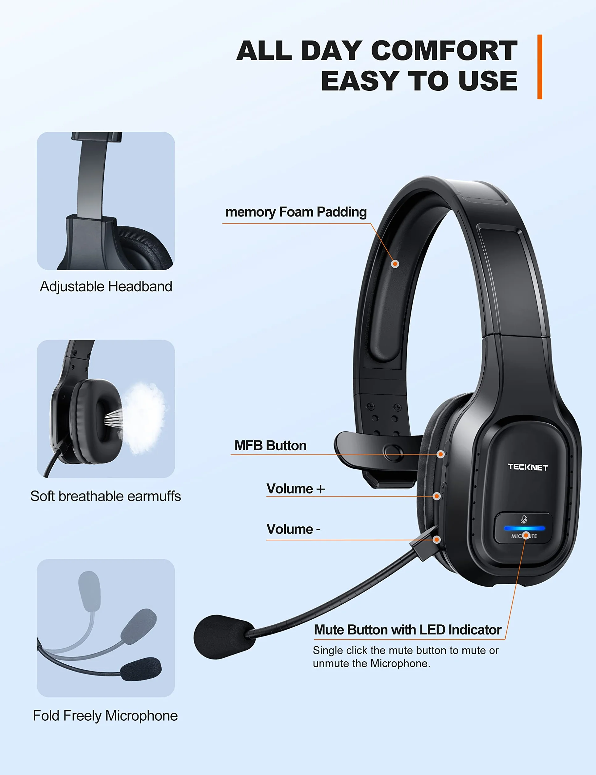 TECKNET Bezprzewodowy zestaw słuchawkowy Bluetooth z mikrofonem, redukcja szumów, 32-36h pracy