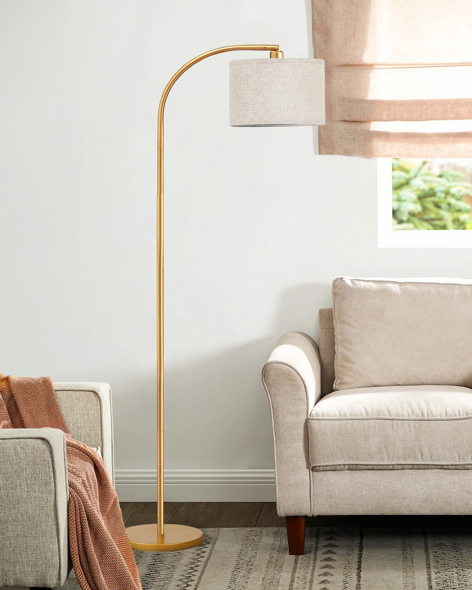EDISHINE Lampa Stojąca Do Salonu, 161 Cm, Lampa Łukowa Z Regulowanym Beżowym Abażurem Lnianym I Przełącznikiem Nożnym, Z Żarówką LED E27, Lampa Do Czytania Do Sypialni, Nowoczesna Lampa Stojąca