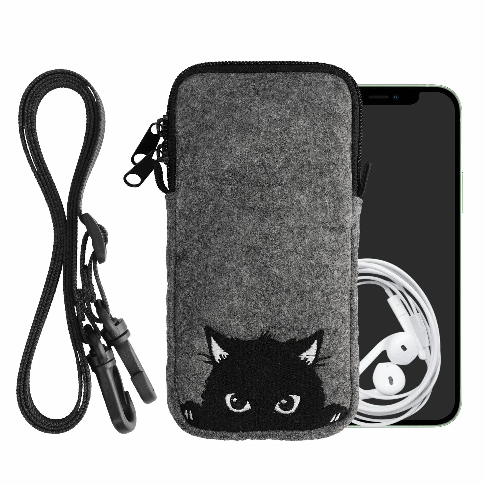 kwmobile Filcowa torba na telefon z wzorem XXL – 18 cm – 17,7 x 8,5 cm uchwyt na pasek – ciekawy kot szary/czarny