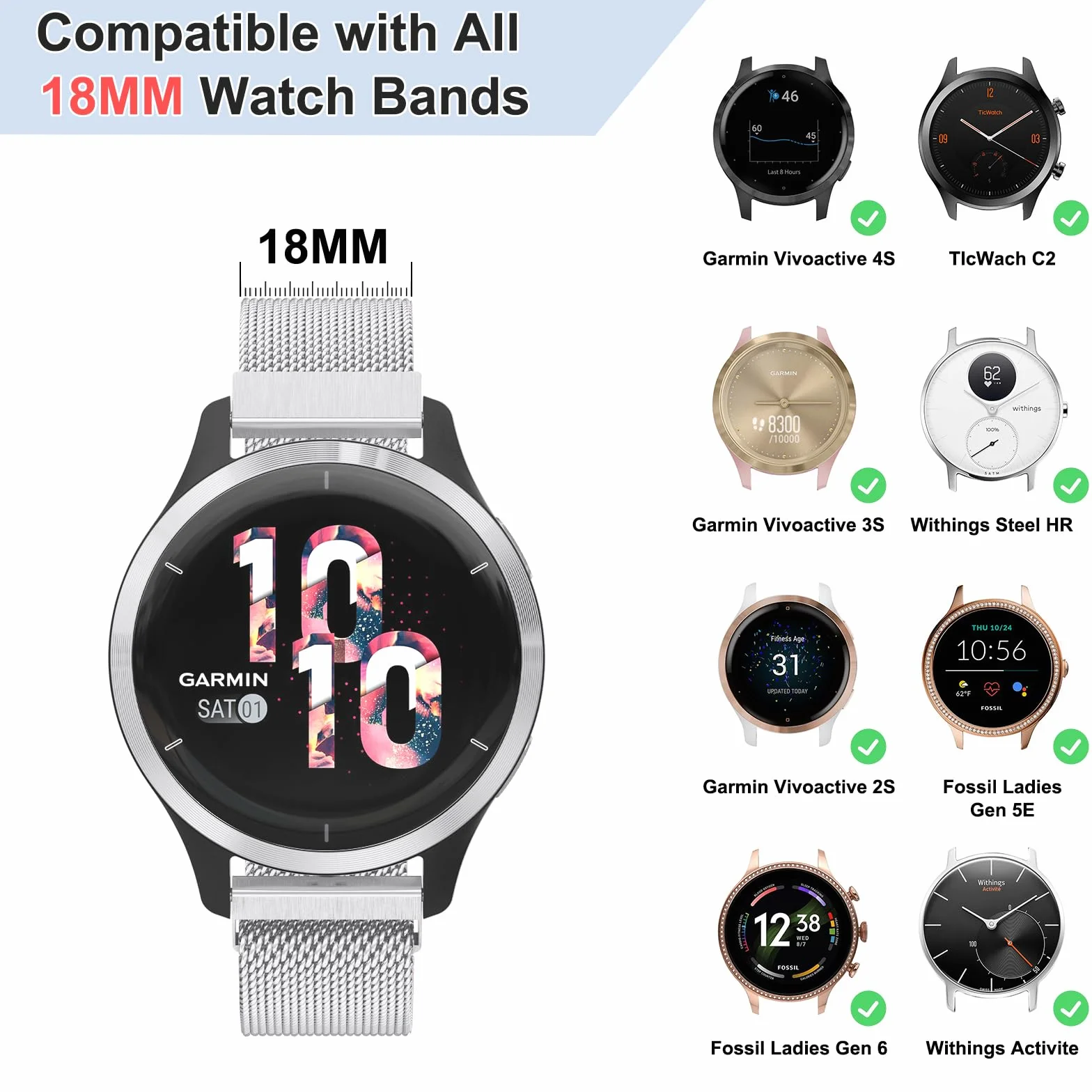 Vancle Bransoletka z siatki ze stali nierdzewnej, pasek 18 mm do zegarka do Garmin Venu 2S/ Venu 3S/ Vivoactive 4S/ Vivomove 3S/ Forerunner 255s/ 255s Music/ 265s, dla kobiet i mężczyzn