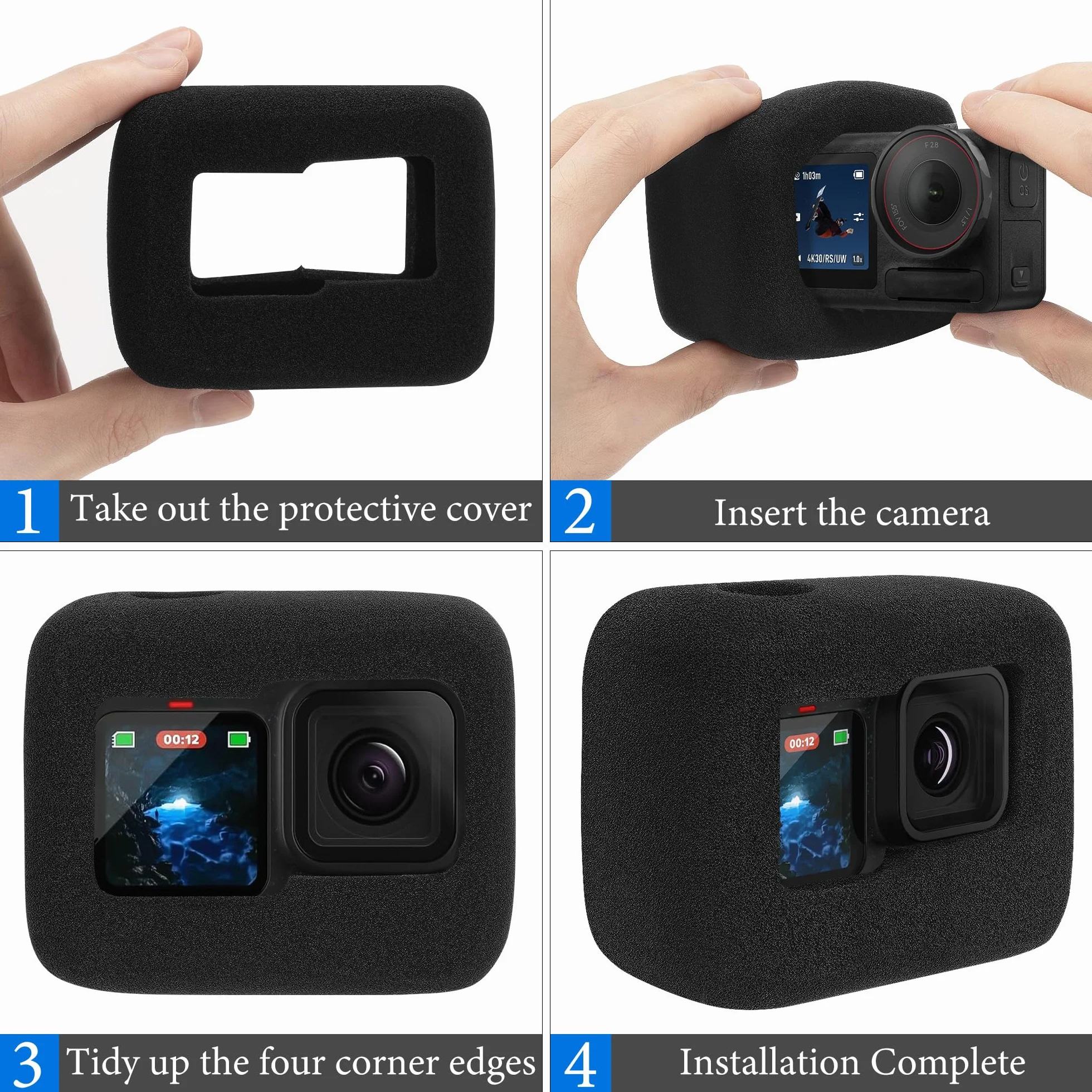 Geekria Dla Creators Windslayer osłona przeciwwiatrowa kompatybilna z kamerą GoPro Hero 13, 12, 11, 10, 9, obudowa ramki, akcesoria z gąbki z redukcją szumów wideo (czarny / 2 sztuki)