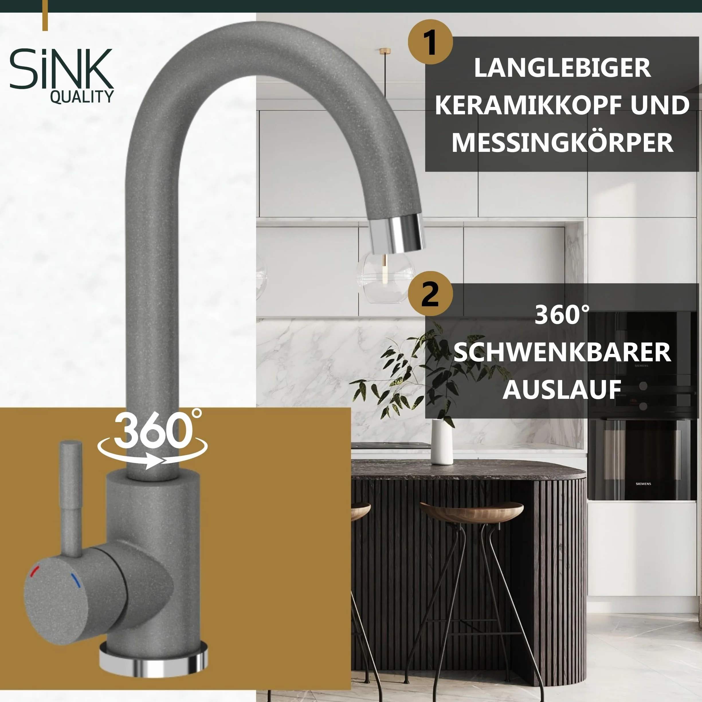 SINK Quality Zlewozmywak granitowy szary z armaturą 58 x 47 – zlewozmywak z syfonem i środkiem impregnującym – zlewozmywak kuchenny szary z ociekaczem do szafki pod umywalkę 50