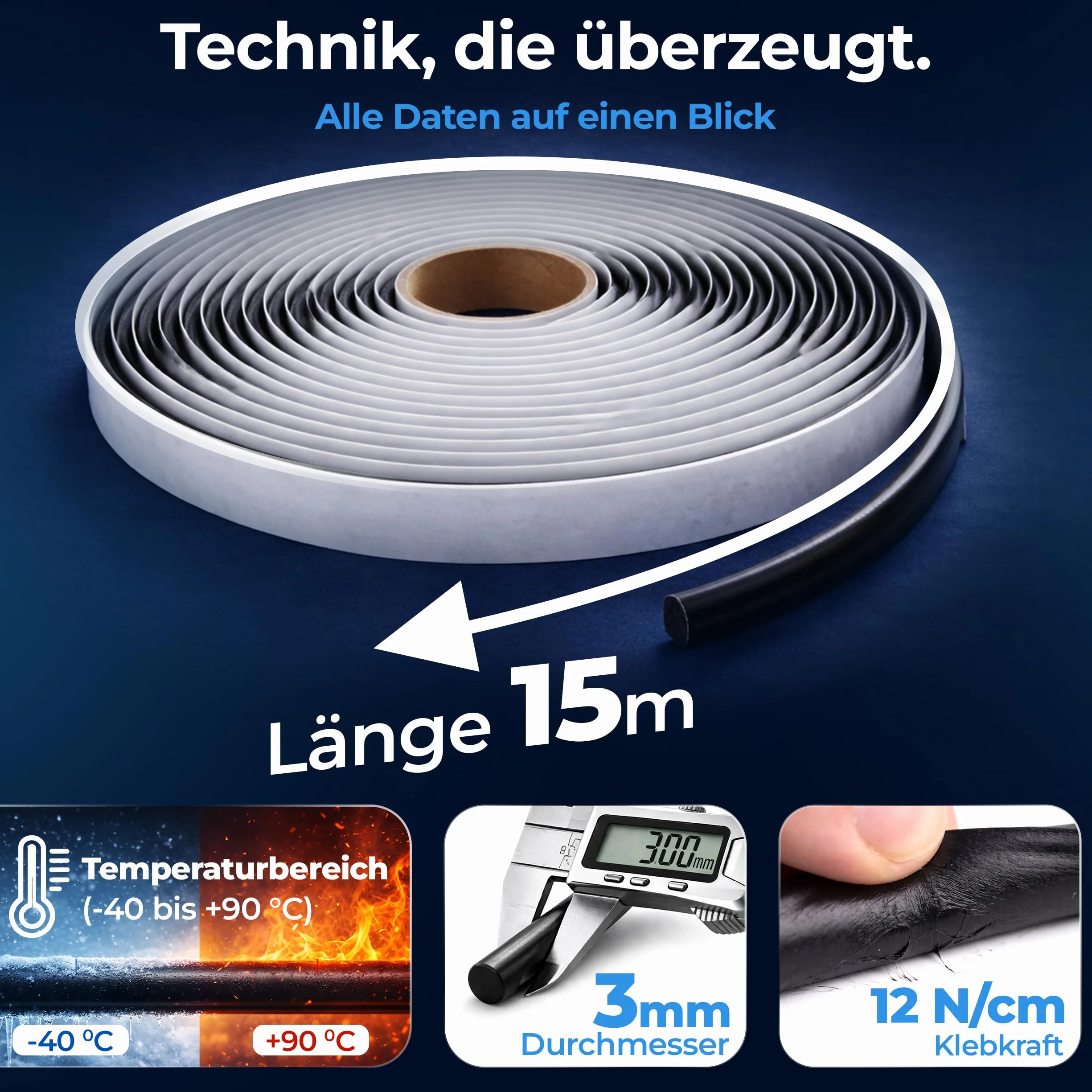 Okrągły sznurek butylowy, taśma butylowa czarna 3 mm x 15 m