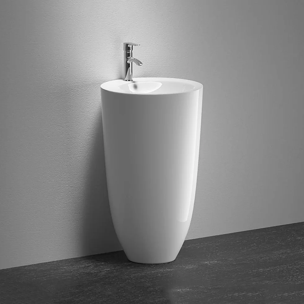 Nowoczesna biała porcelanowa umywalka na cokole jednoczęściowa umywalka z kranem i zestawem odpływowym zlew łazienkowy cokół