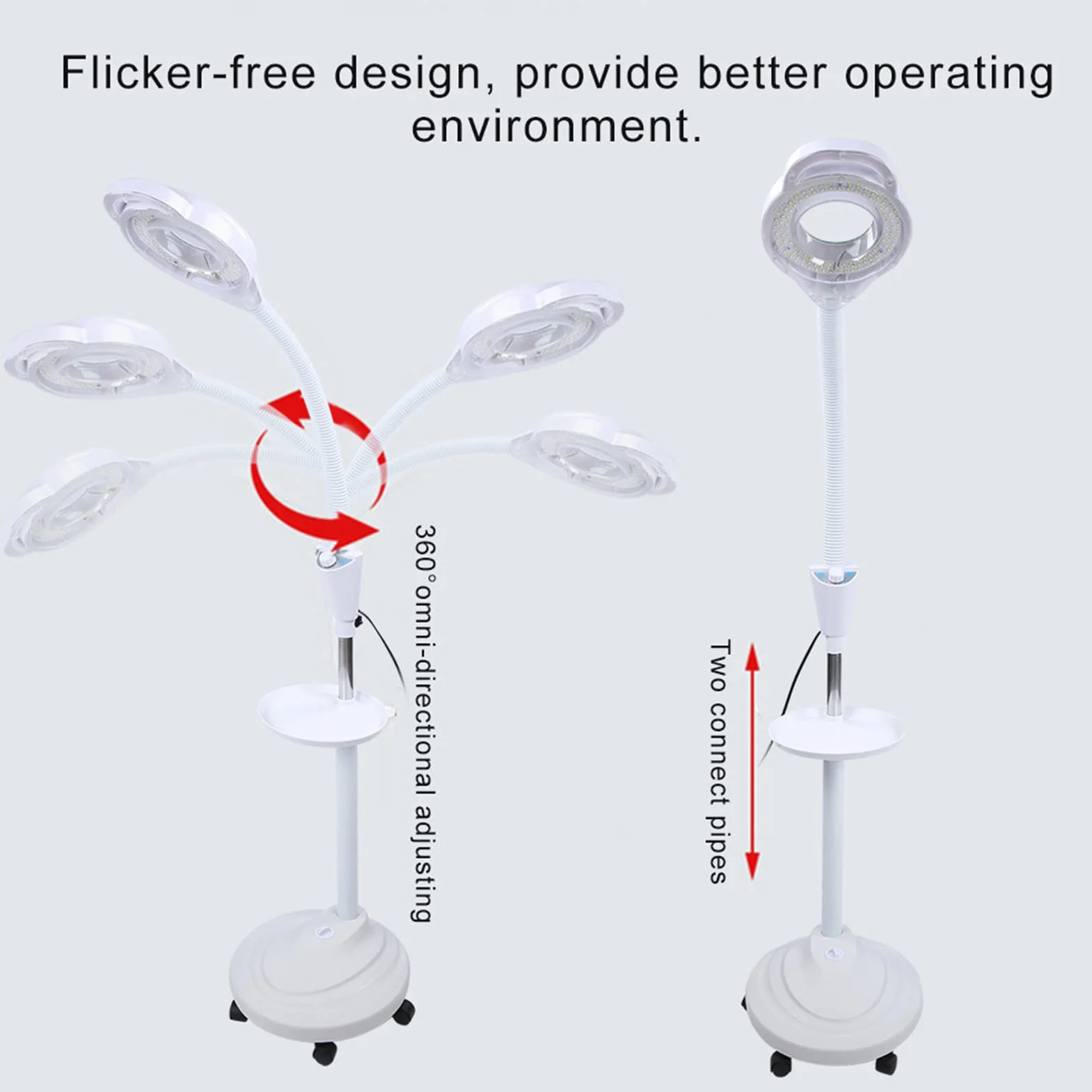 Lampa do tatuażu LED, 8-krotnie powiększająca lampa podłogowa z regulowaną wysokością, 120 kulek lampy, obrót o 360 °, 5 kół wielokierunkowych, salonowe zimne światło do