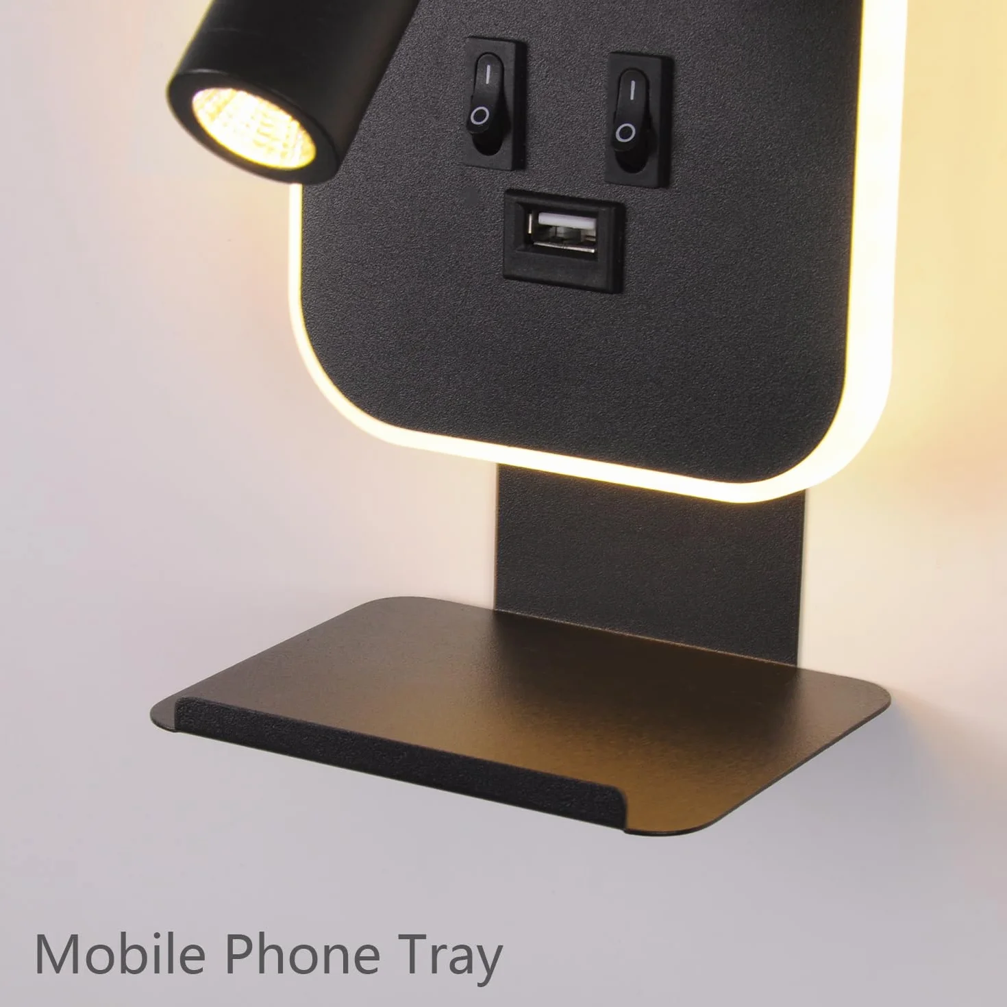 Nowoczesna lampa ścienna LED, 3W lampa do czytania, Met USB-oplaadpoort en telefoonhouder,obracana o 350°, 9W lampa ścienna LED, z przełącznikiem, do sypialni, salonu, gabinetu,3100K (Czarny)