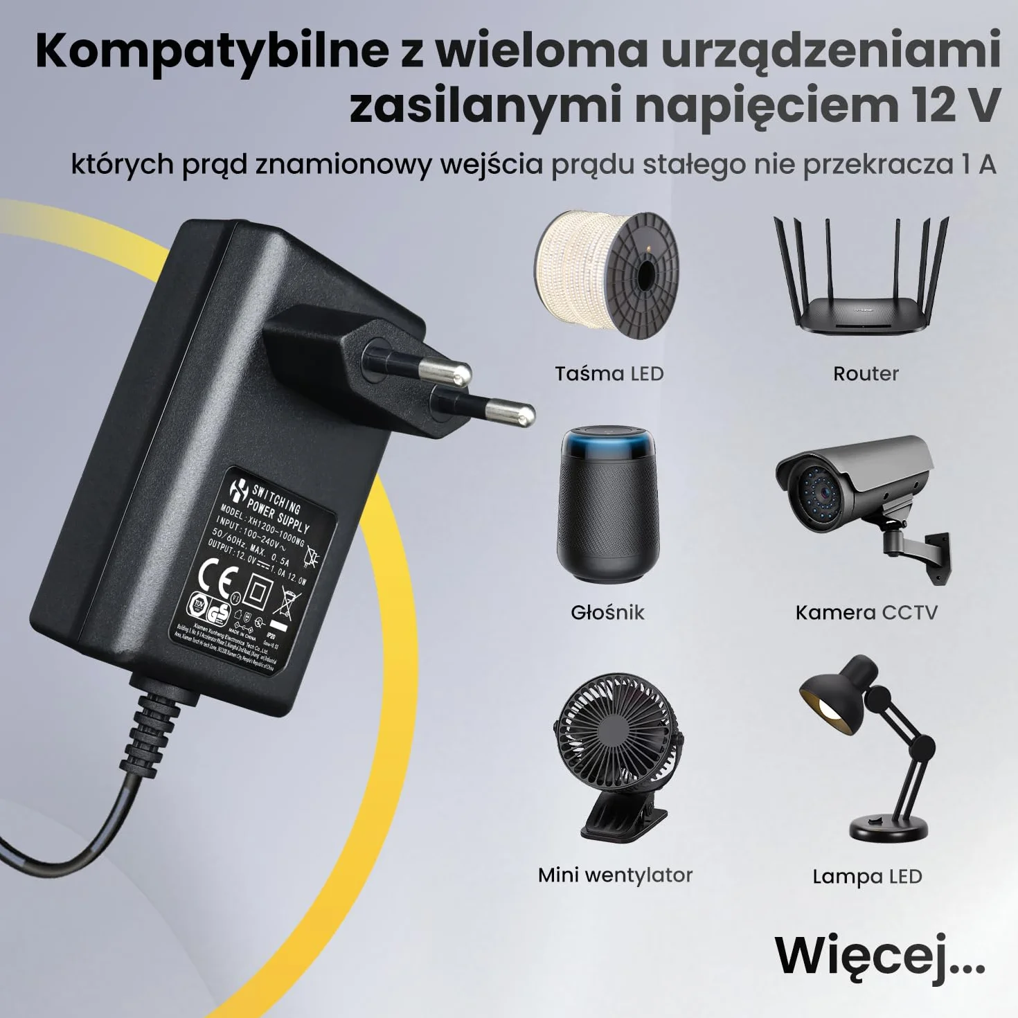 Zasilacz 12V 1A 1,8m AC DC Adapter z 8 Wymiennymi Gniazdami CE