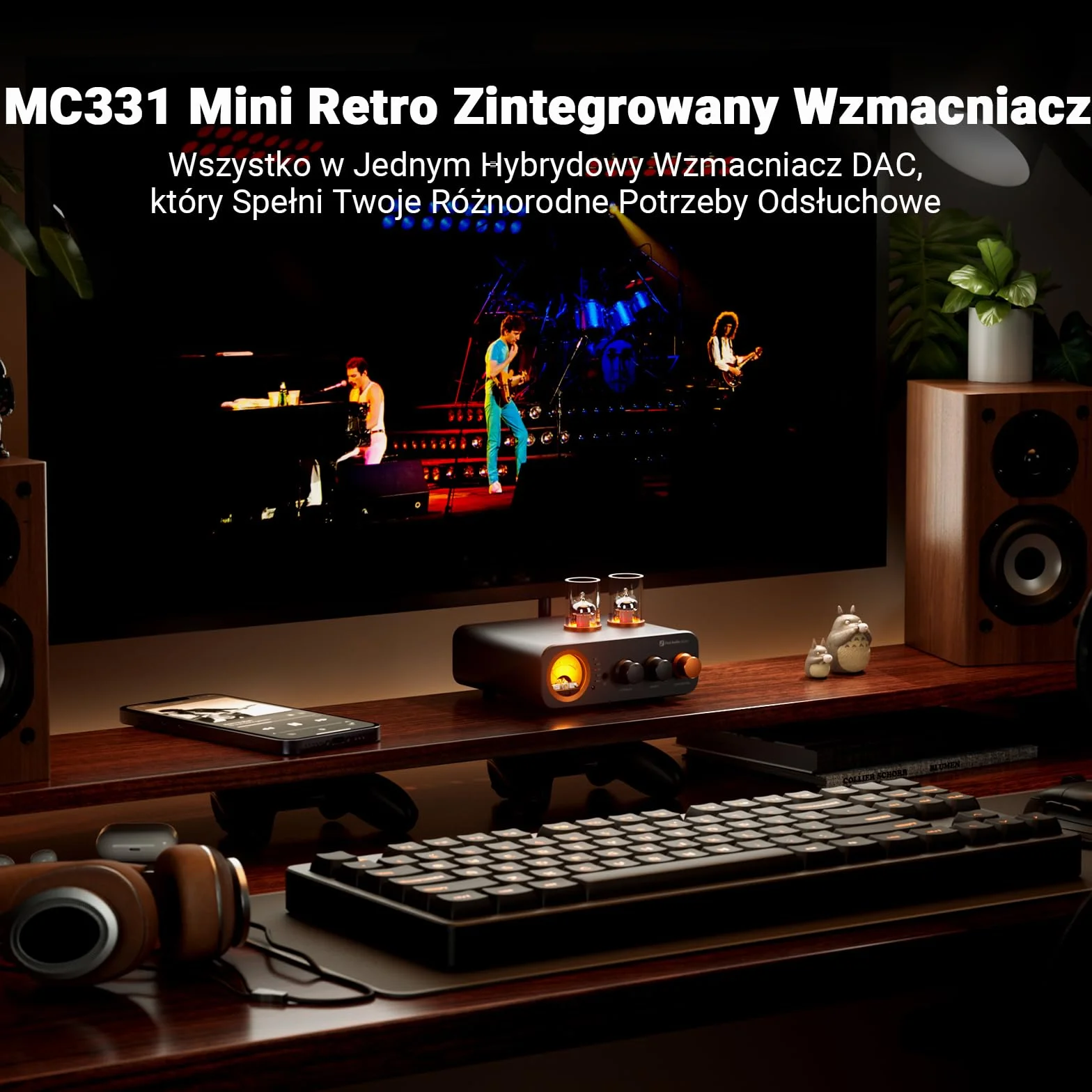 Fosi Audio MC331 Zintegrowany Wzmacniacz lampowy z DAC, 2-kanałowy wzmacniacz mocy do głośników półkowych HiFi/słuchawek 3,5 mm, przedwzmacniacz z miernikiem VU w stylu vintage z Bluetooth