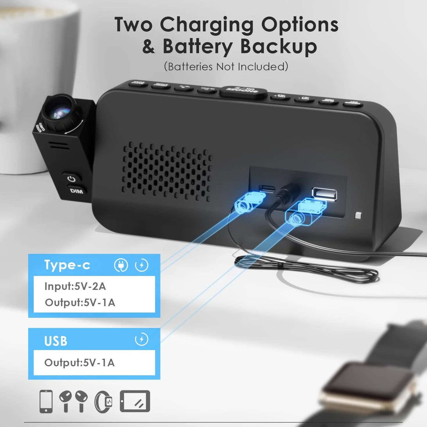 ROCAM Budzik radiowy z projektorem cyfrowy ściemniacz ładowarka USB-C głośny tryb weekendowy data temperatura nocne