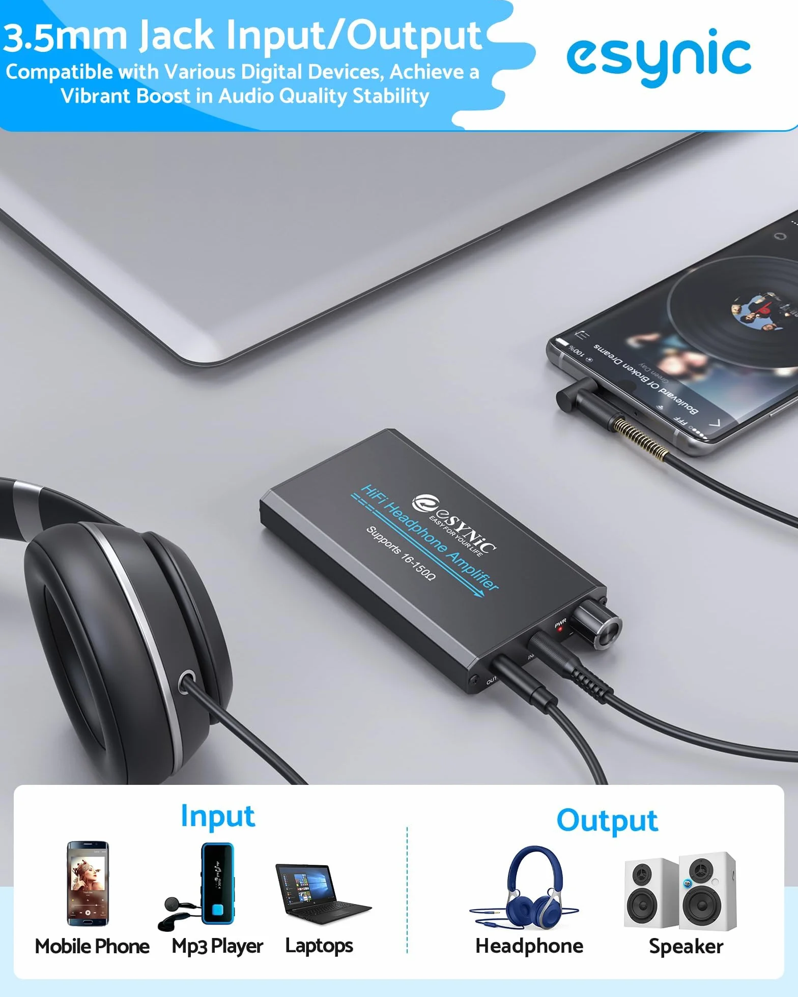 eSynic Przenośny wzmacniacz słuchawkowy, akumulator audio, cyfrowy wzmacniacz słuchawkowy HiFi, 3,5 mm, z dwustopniowym przełącznikiem wzmocnienia, kablem USB i aluminiową matową powierzchnią do