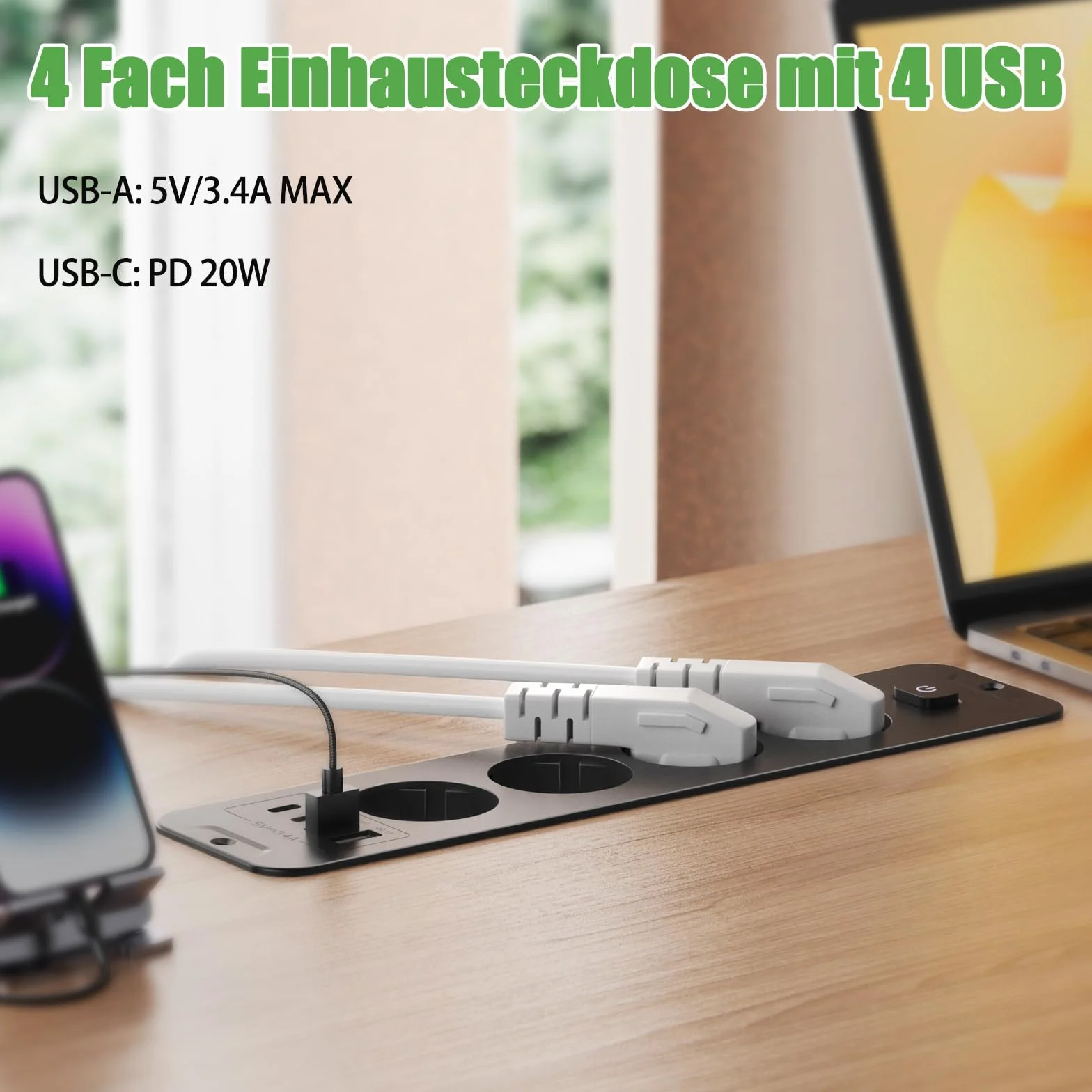 Wysuwane gniazdo wtykowe z 4 gniazdami, listwa zasilająca do zabudowy z 2 USB, gniazdo wtykowe z 2 gniazdami USB C, blat stołu, wpuszczane gniazdko – kabel 2 m, kolor czarny