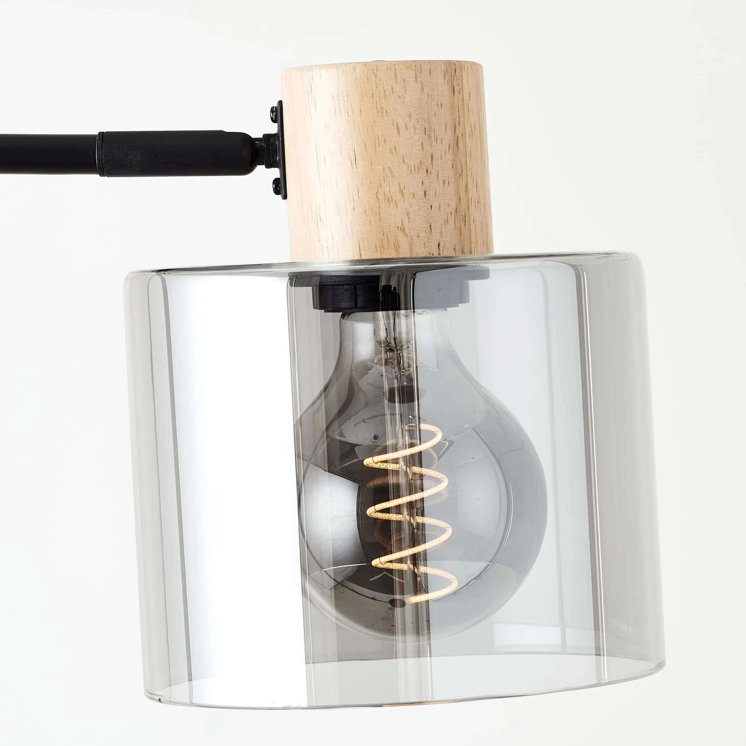 Lightbox Nowoczesna lampa stojąca – 160 x 25 x 32 cm – lampa stojąca z kloszem i oprawką ze szkła w kolorze przydymionym i oprawką z drewna (kauczuk) i przełącznikiem – E27 – z metalu/szkła/drewna – w
