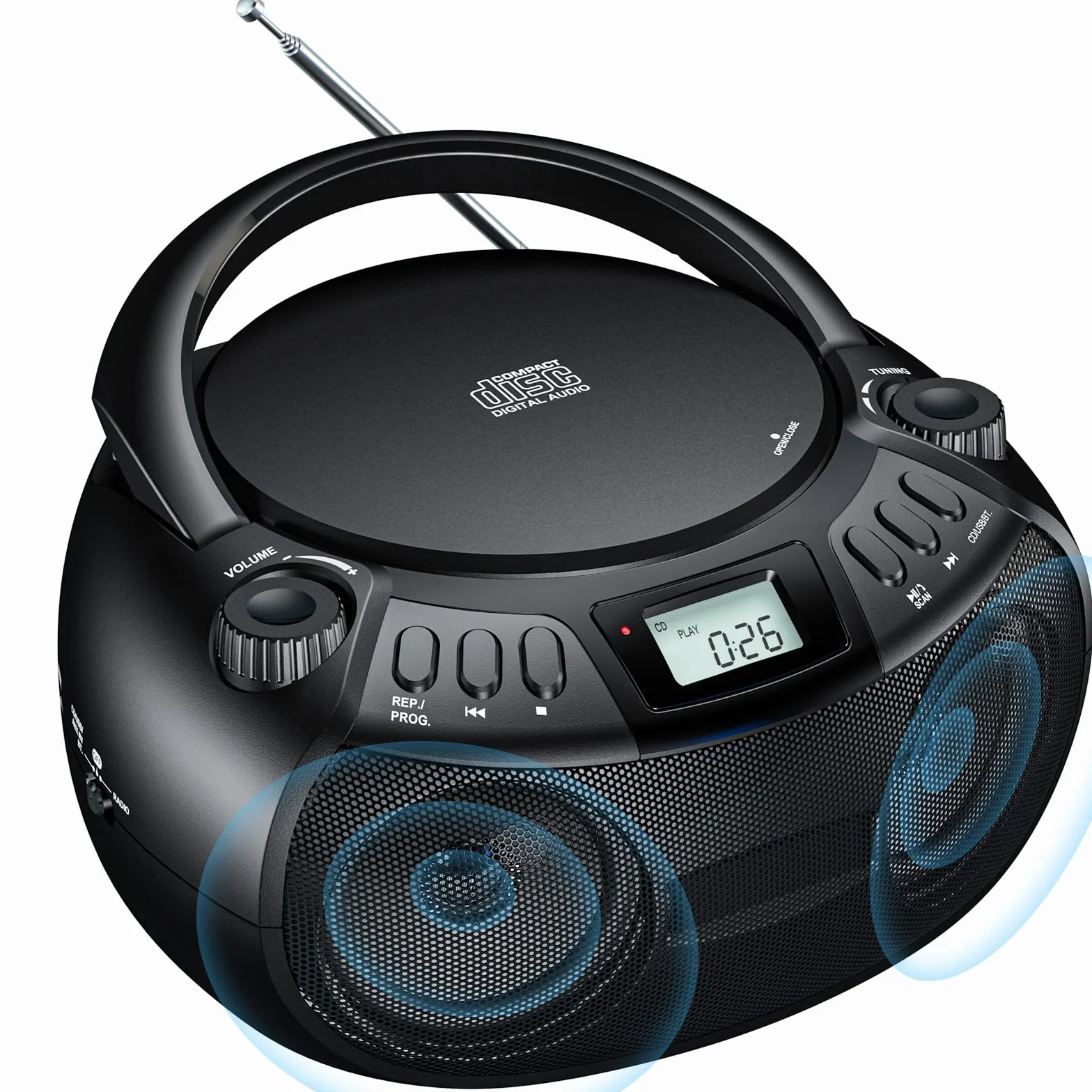 Gueray Przenośny odtwarzacz CD Boombox z Bluetooth, radio FM AM radio, głośnik stereo, wejście USB i AUX oraz porty słuchawkowe, wyświetlacz LCD 2 x 3 W RMS stereo