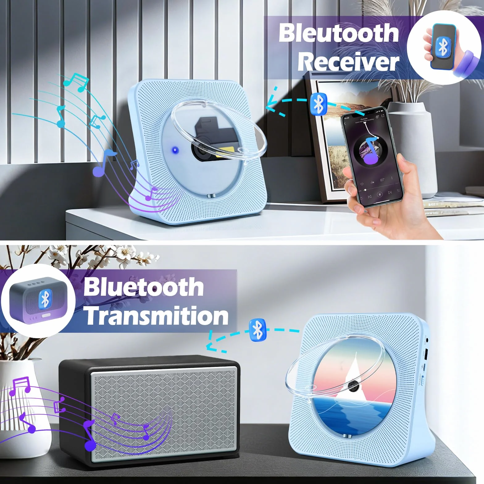 Przenośny odtwarzacz CD z Bluetooth i głośnikami, domowy odtwarzacz CD dla dzieci, odbiornik/nadajnik Bluetooth, radio FM, gniazdo słuchawkowe i USB, pilot zdalnego sterowania, niebieski