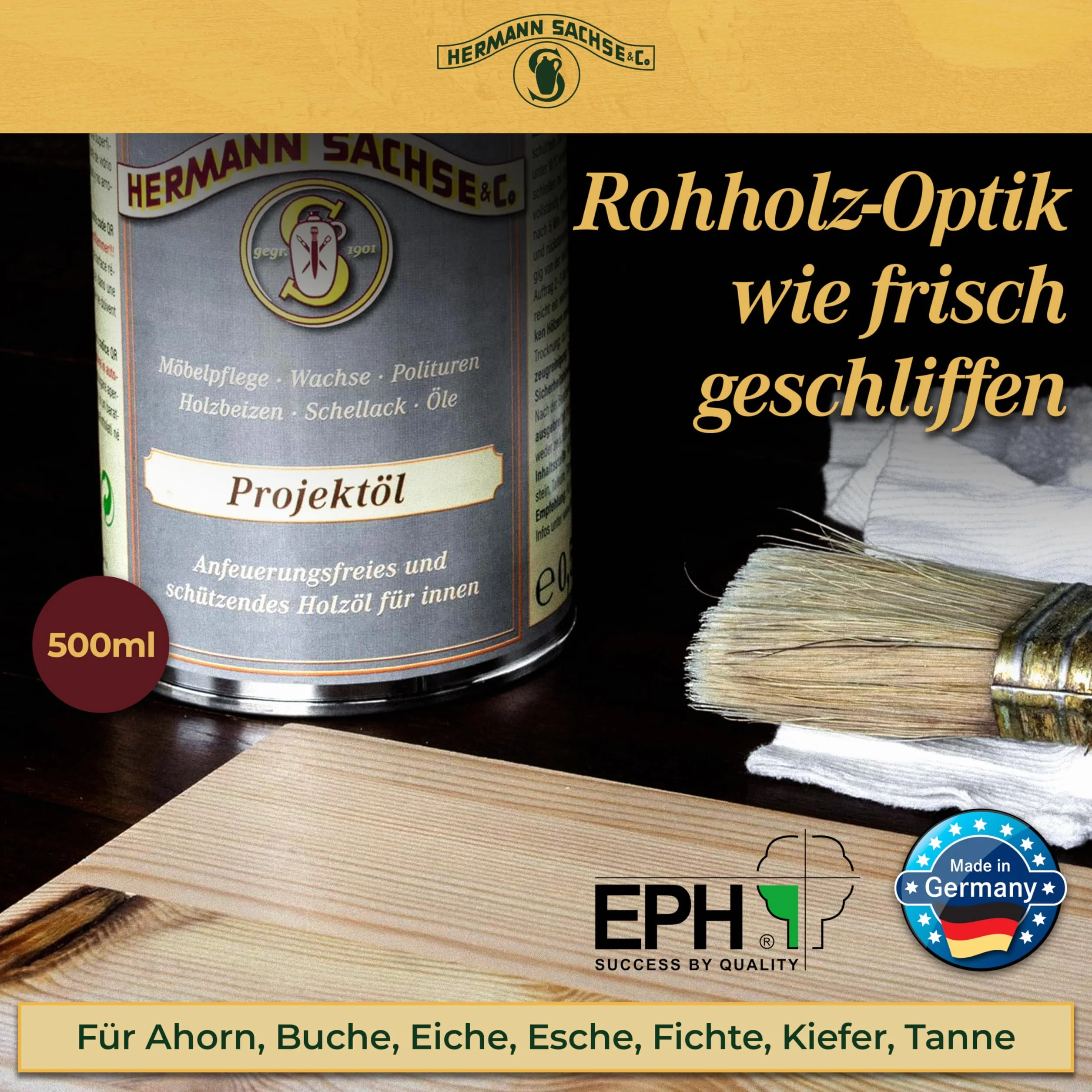 Hermann Sachse Olej projektowy 500 ml – efekt surowego drewna olej do drewna dębowego, świerkowego i jasnego drewna – bez podpalania dla matowego stylu scandi – oddychający – zasięg ok. 12 m²