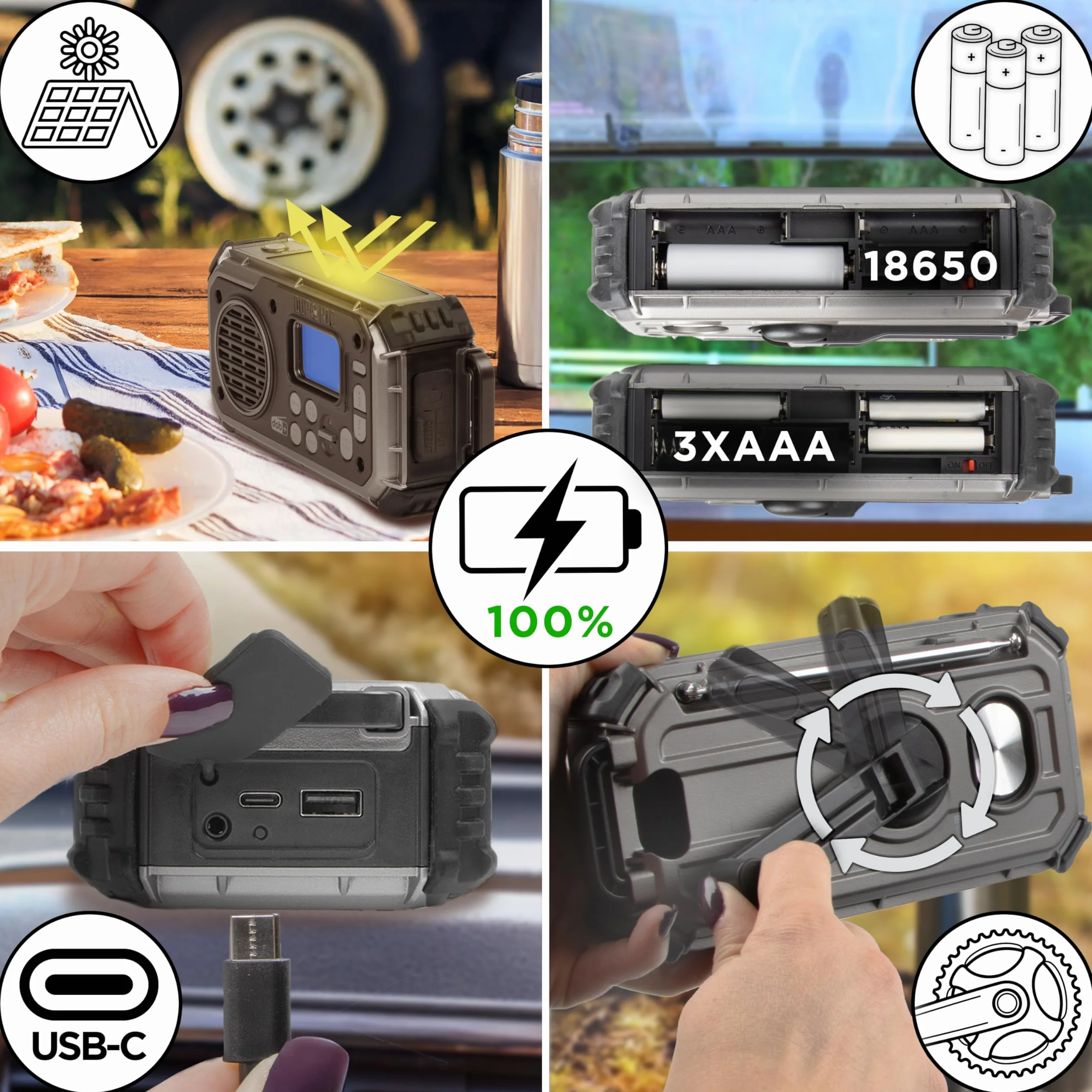 Duronic SDAB1 Radio solarne z dynamem awaryjne pogodowe DAB FM AM USB A C powerbank latarka