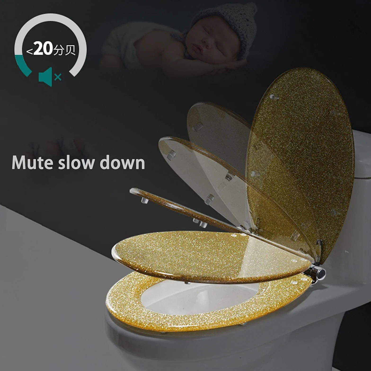 Powolne zamykanie brokatowa deska sedesowa wydłużona 43,9 cm błyszcząca deska sedesowa z żywicy do łazienki łatwe czyszczenie dekoracyjna błyszcząca deska sedesowa