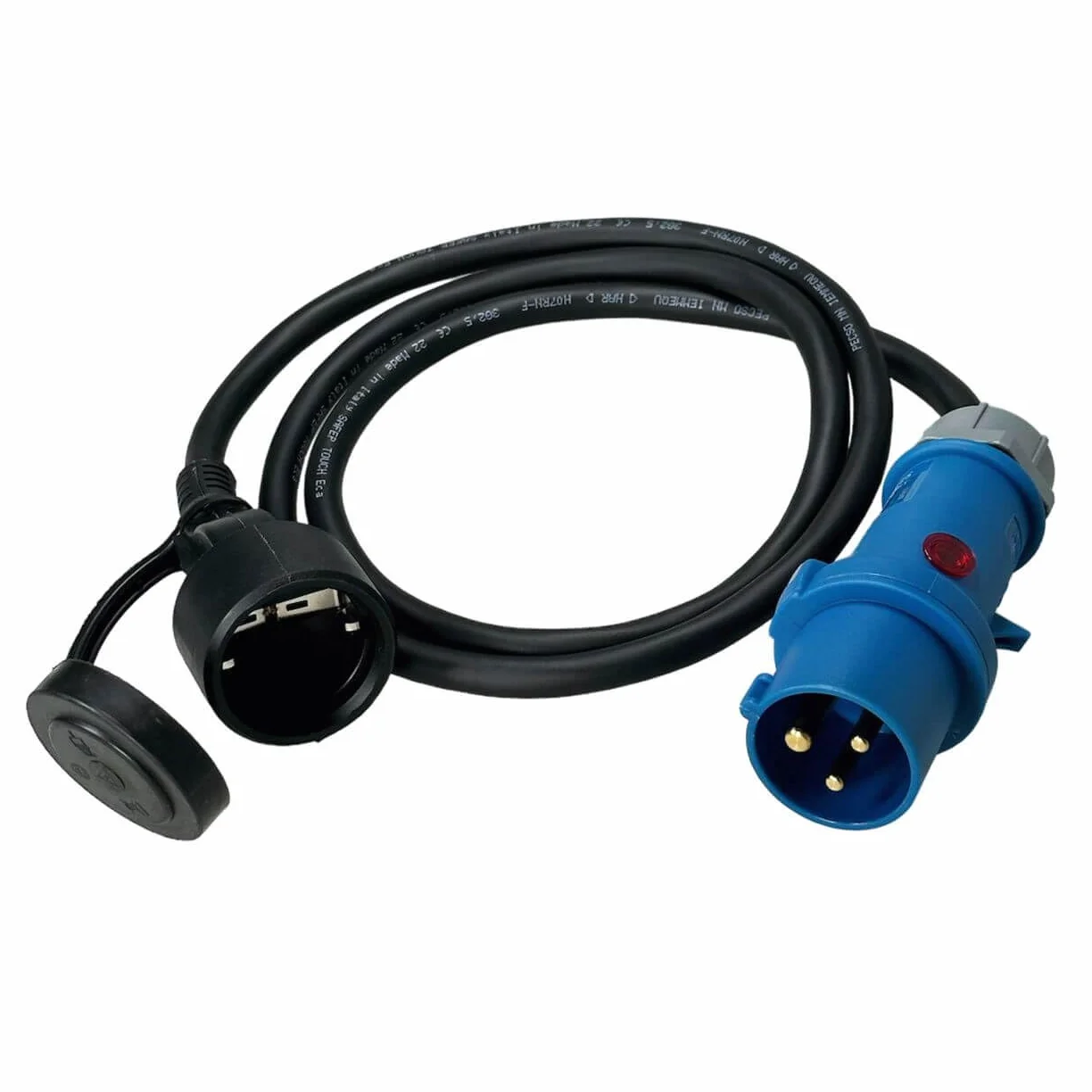 Zestaw 2 adapterów CEE Powerlight 1,5 m ze wskaźnikiem napięcia – 2 x adapter CEE Schuko H07RN-F 3G2,5, 16 A, 230 V IP44 – adapter kempingowy z lampką kontrolną, wysokiej jakości kabel Made
