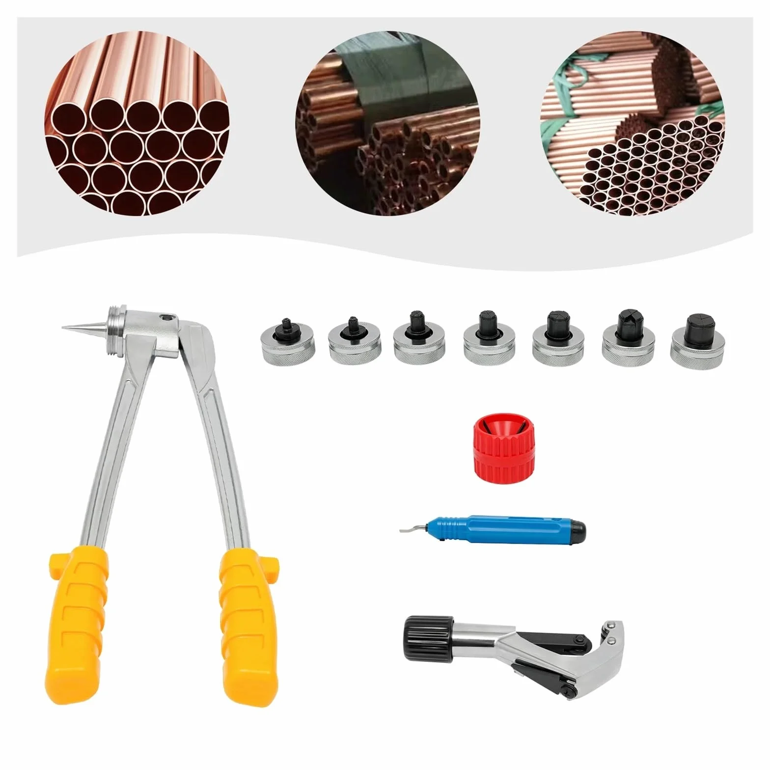Zestaw szczypiec do rur rozprężnych 4-28 mm, 7 głowic miedzianych aluminiowych + narzędzie zaciskania skrzynek, niebieskie,Wysoka trwałość