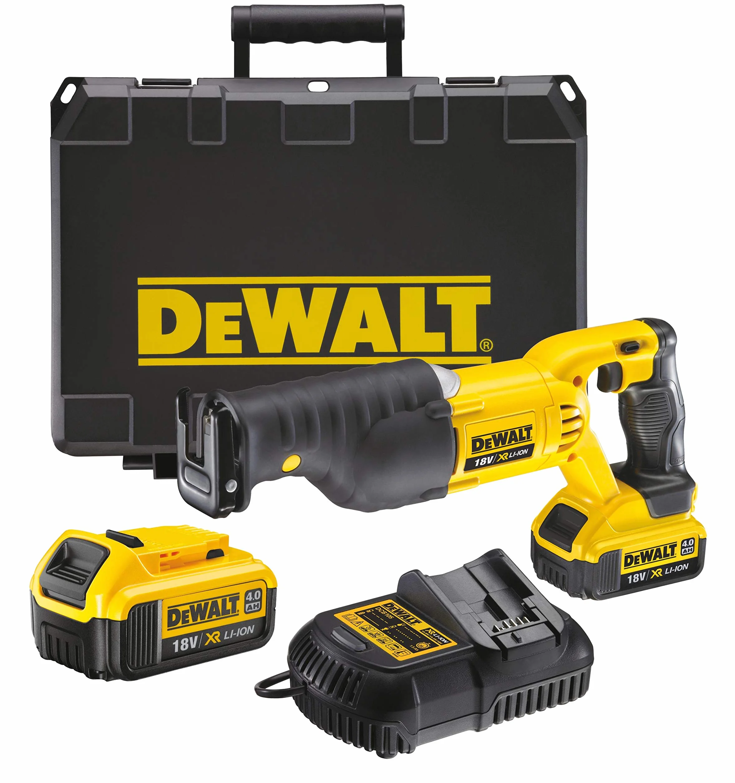 DeWalt Akumulatorowa piła szablasta (18 V, 4,0 Ah, elektryczna regulacja prędkości skokowej i elektroniczny hamulec silnika, wymiana brzeszczotu bez użycia narzędzi, w zestawie 2 akumulatory, ładowarka do szybkiego ładowania i walizka) DCS380M2