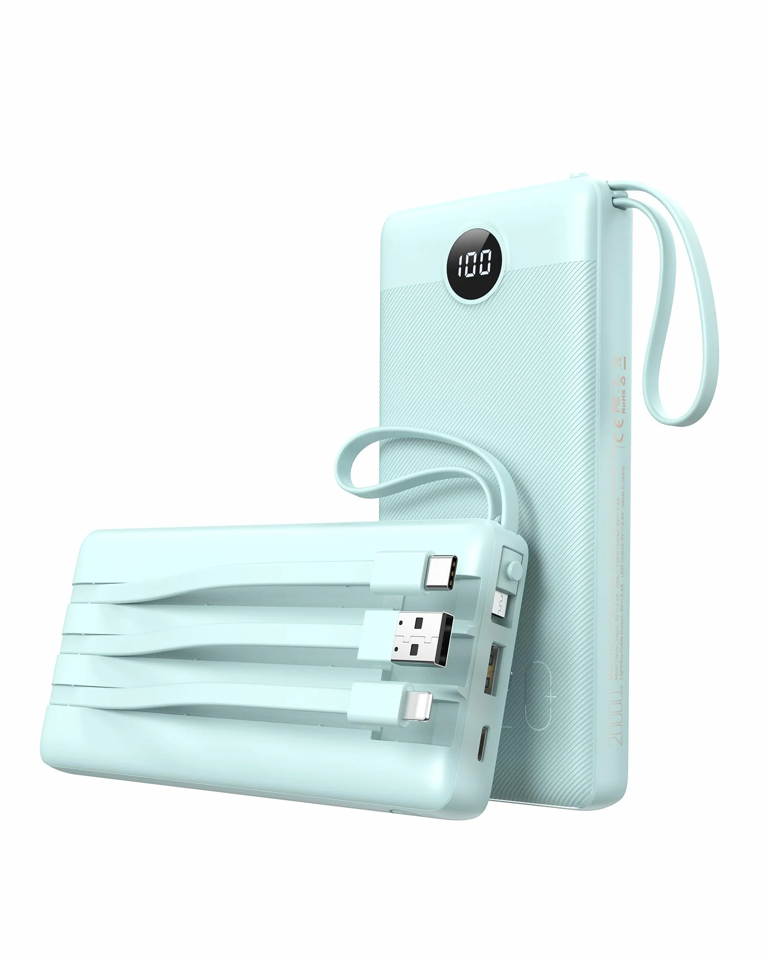 Power Bank 20000mAh z Wbudowanymi Kablami USB C 2.4A Fast Charge 5 Wyjść Przenośna Ładowarka