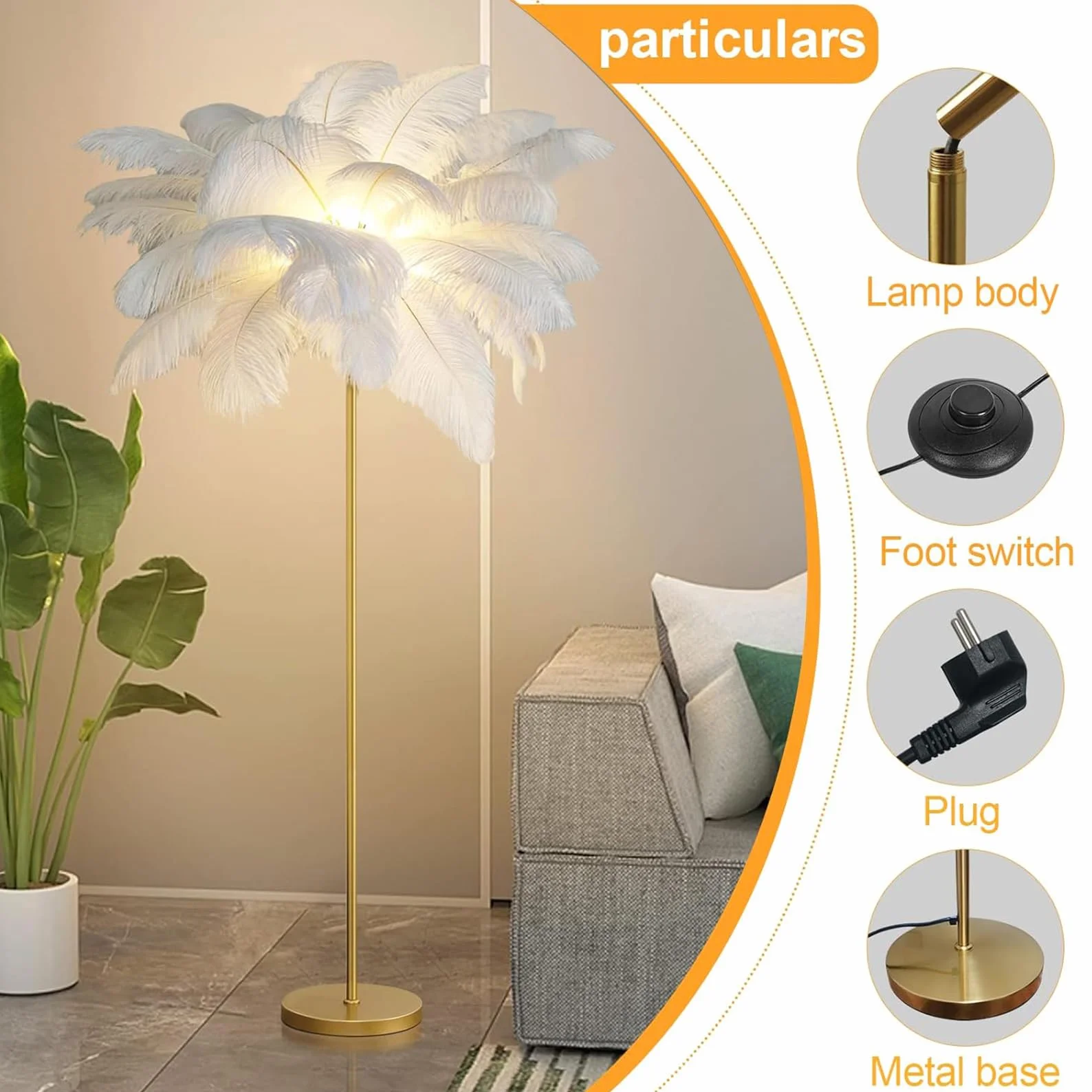 Lampa podłogowa z piór, lampa stojąca z naturalnych strusich piór, prosta lampa dekoracyjna do sypialni i salonu, ze złotym korpusem, 3 kolorami ściemniania i żarówką LED G4
