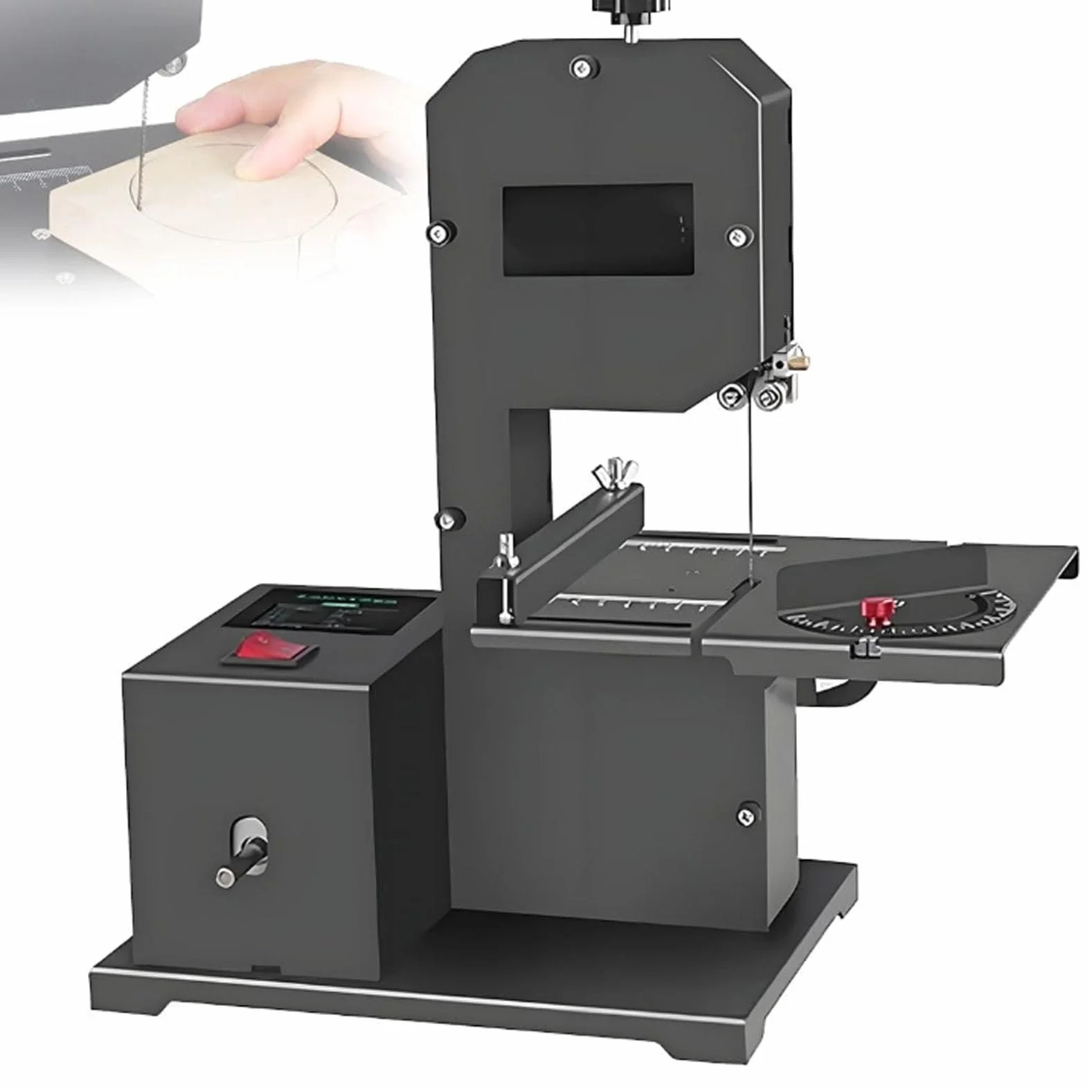 Profesjonalna stołowa piła taśmowa, silnik z czystej miedzi o mocy 800 W, głębokość cięcia 70 mm + prześwit 90 mm, wzmocniona metalowa podstawa, cięcia ukośne 0–45°, maszyna do cięcia drewna