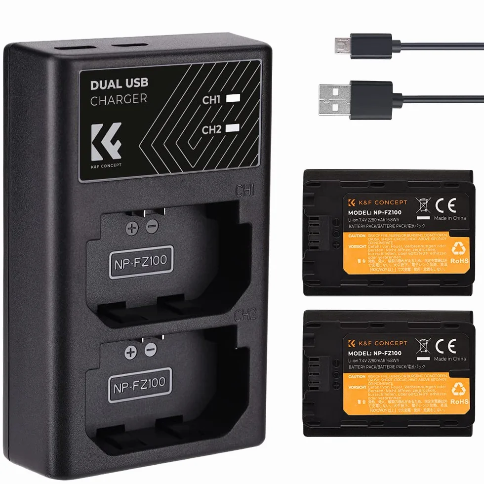 K&F Concept NP-FZ100 Bateria i ładowarka do Sony A7iii, A7IV, A9, A6600 2x 2280 mAh