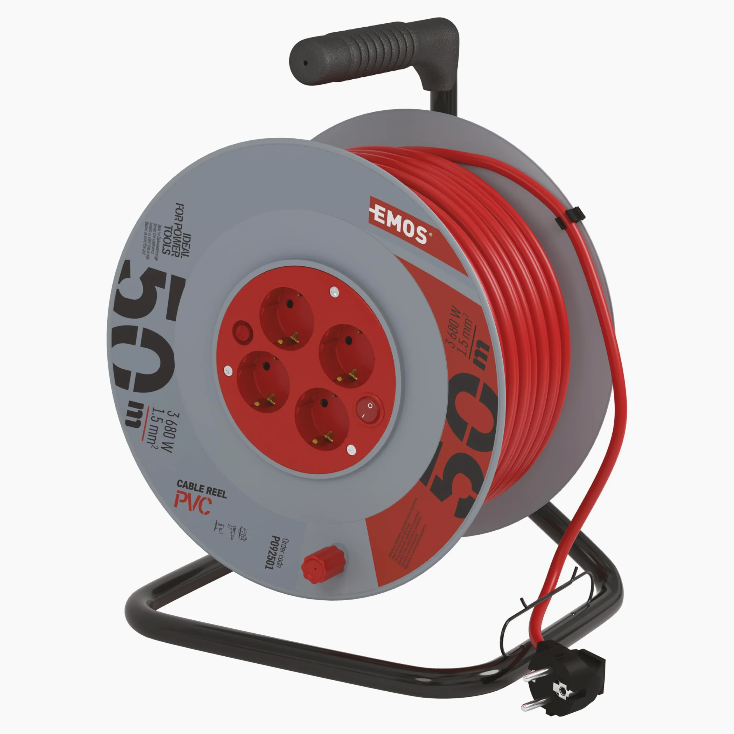 EMOS - Bęben kablowy 50 m z przełącznikiem – 4 gniazda Schuko – 230 V, 16 A, 3680 W – wysokiej jakości izolacja PCW – H05VV-F3G 1,5 mm² – zabezpieczenie przed przegrzaniem – IP20 do użytku wewnątrz