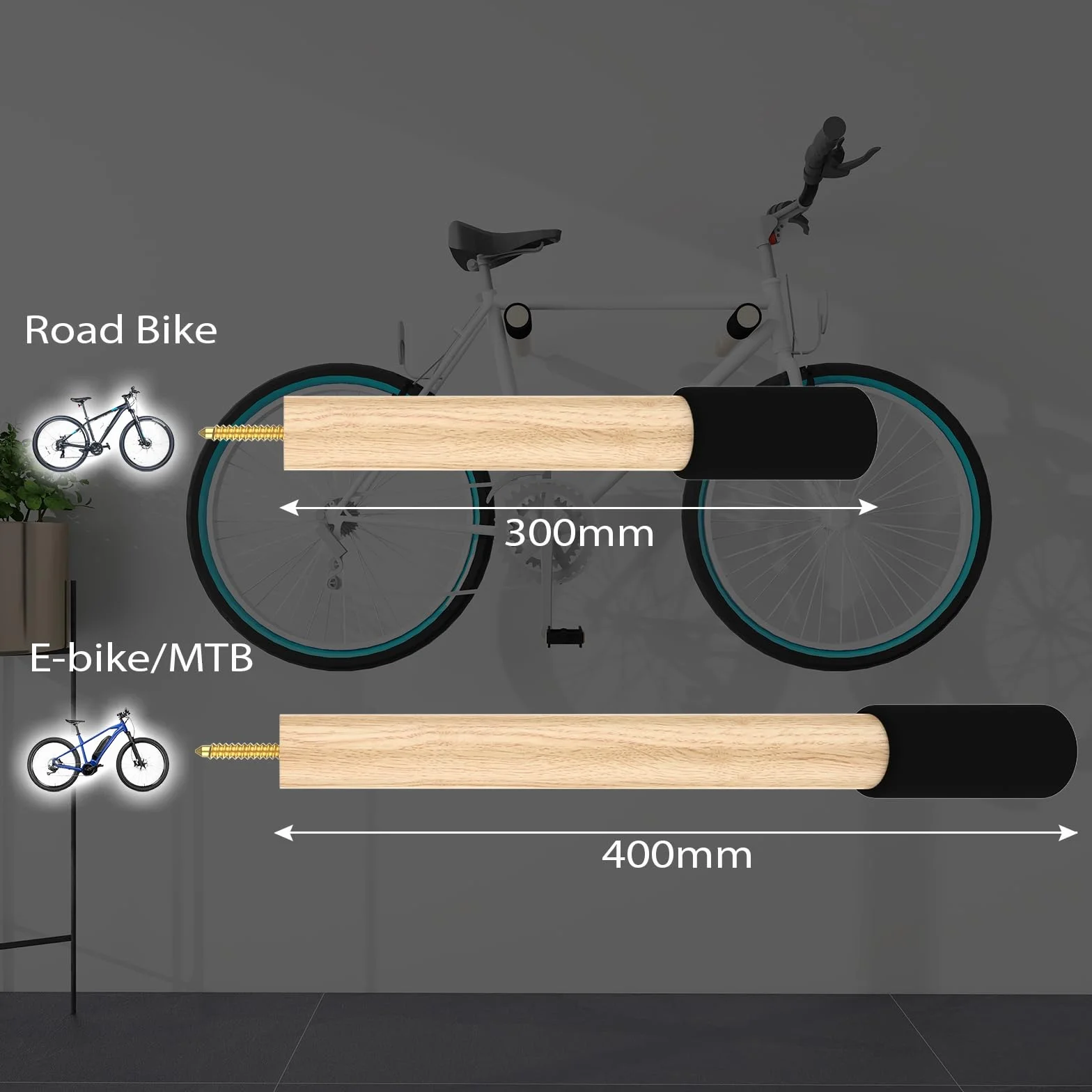 CLOPAE Drewniany uchwyt ścienny do roweru, uchwyt ścienny o nośności 22 kg, uchwyt ścienny do rowerów wyścigowych, MTB i rowerów elektrycznych (30 cm)