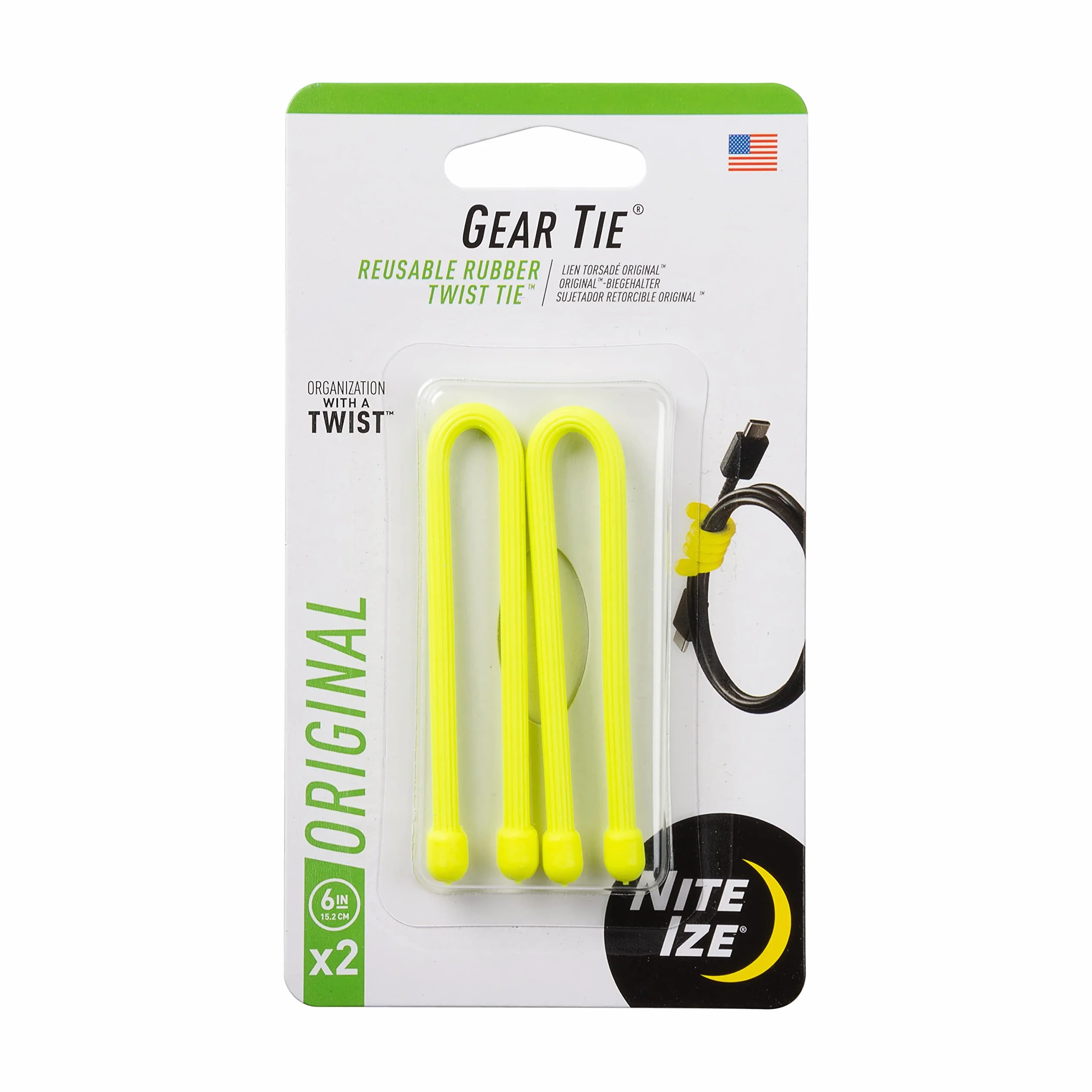 Nite Ize Gear Tie 6 – Neon Yellow 2-PK Zacisk, Żółty, S/6 Inch